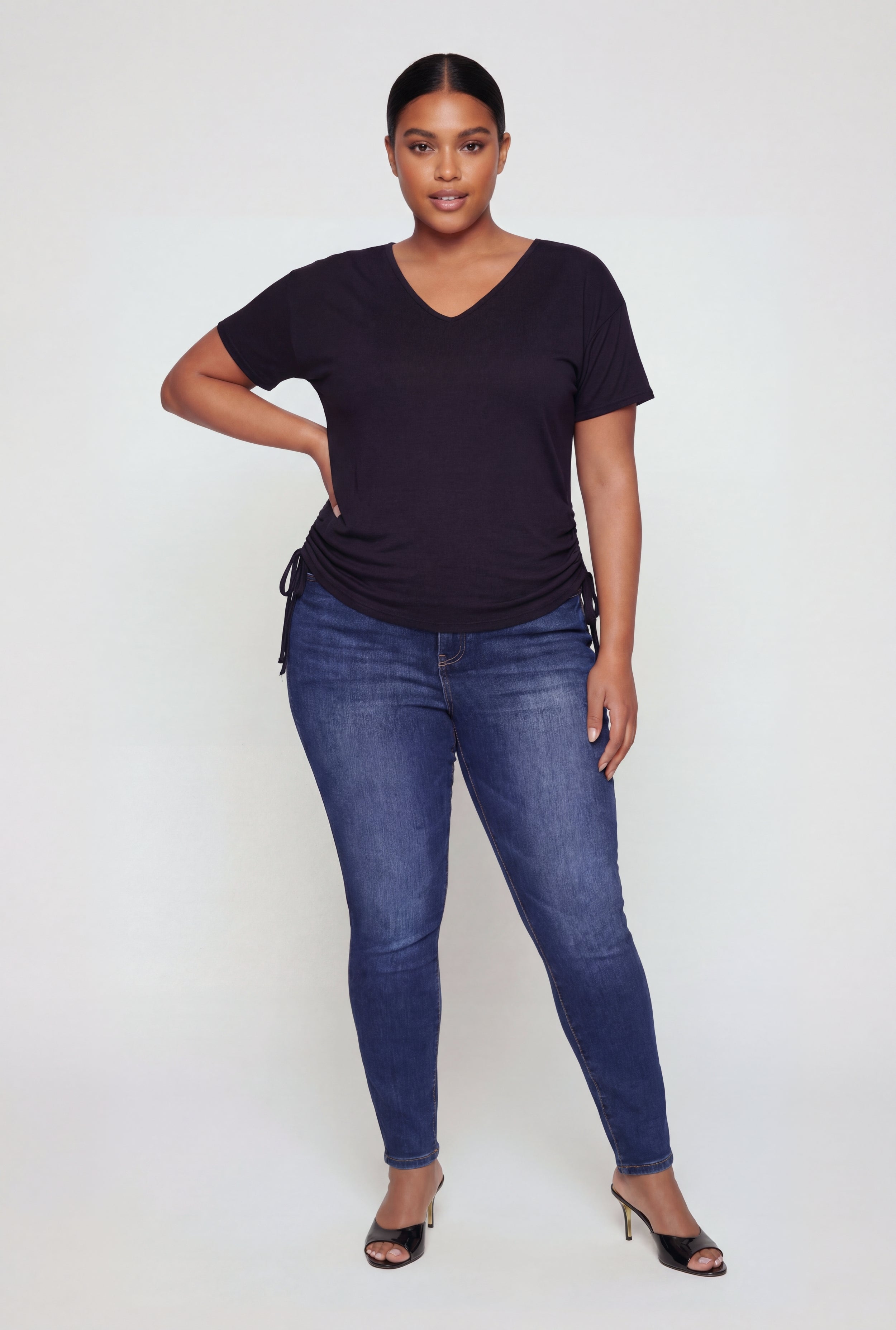 Plus Size V Neck Drawstring Side Ruched Tee