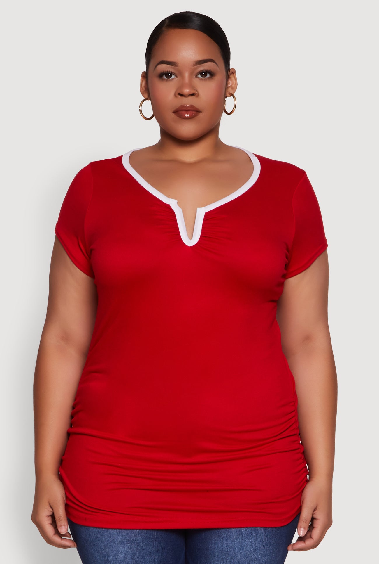 Plus Size Ruched Contrast Trim Notch Neck Top