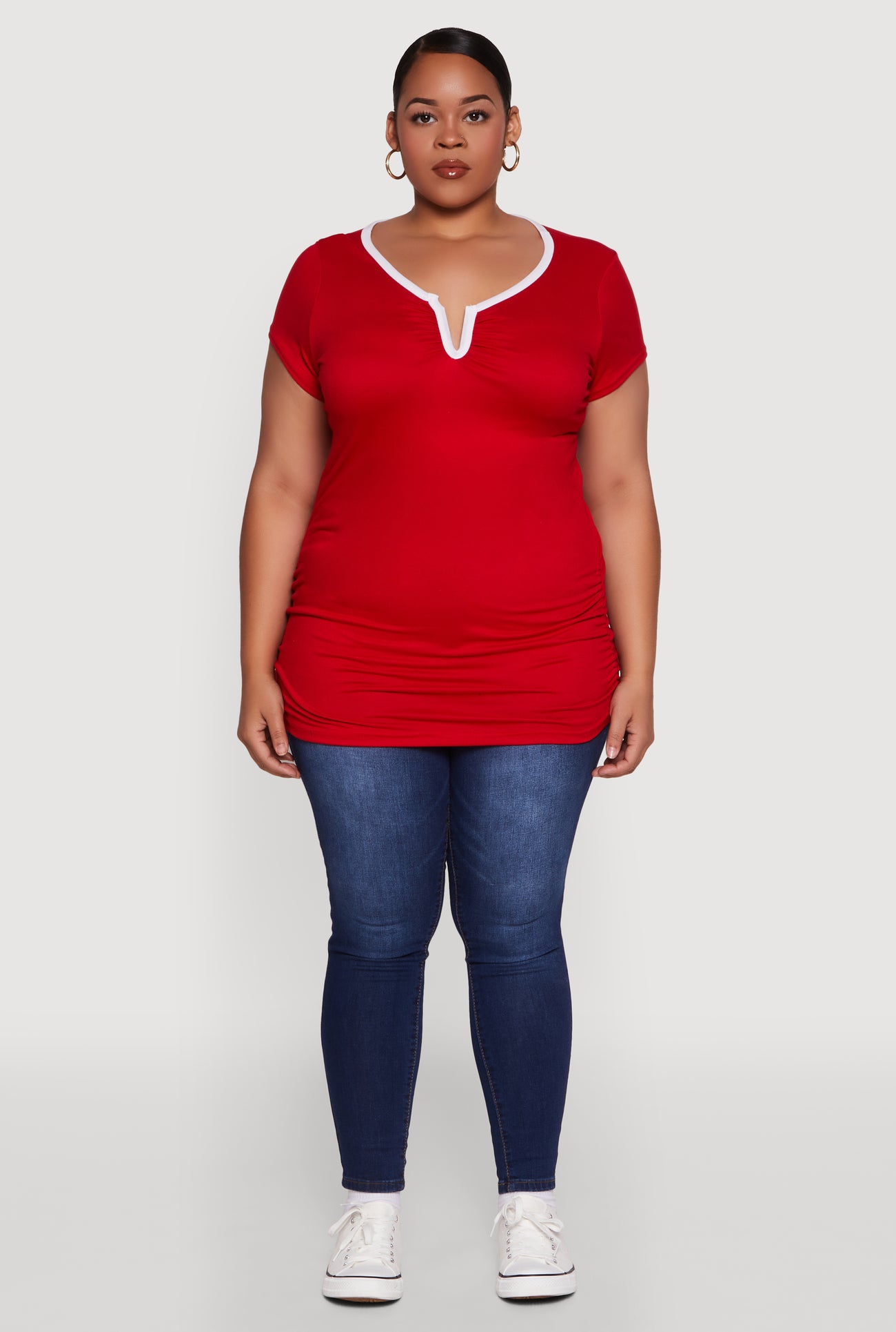 Plus Size Ruched Contrast Trim Notch Neck Top