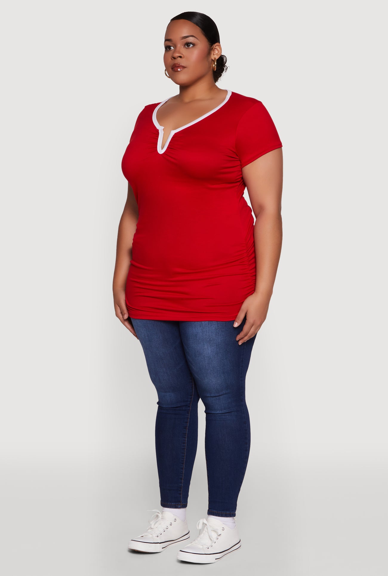 Plus Size Ruched Contrast Trim Notch Neck Top
