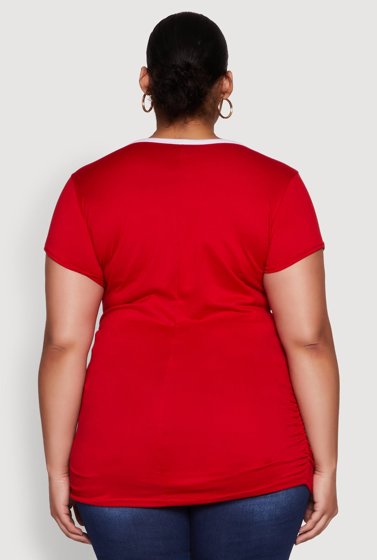 Plus Size Ruched Contrast Trim Notch Neck Top