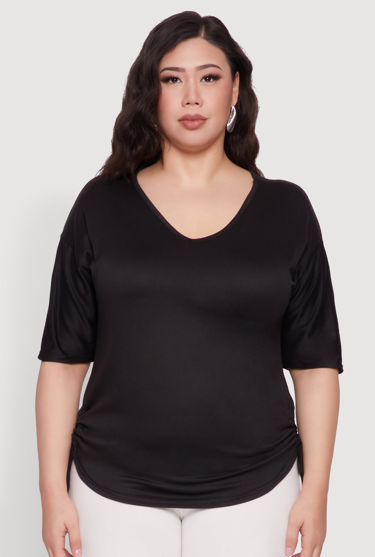 Plus Size Ruched Side Tie V Neck Top