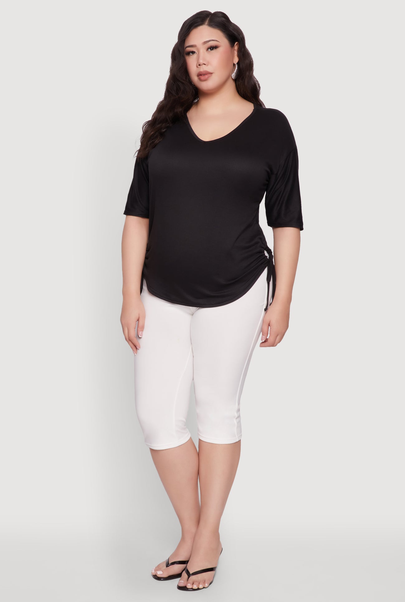 Plus Size Ruched Side Tie V Neck Top