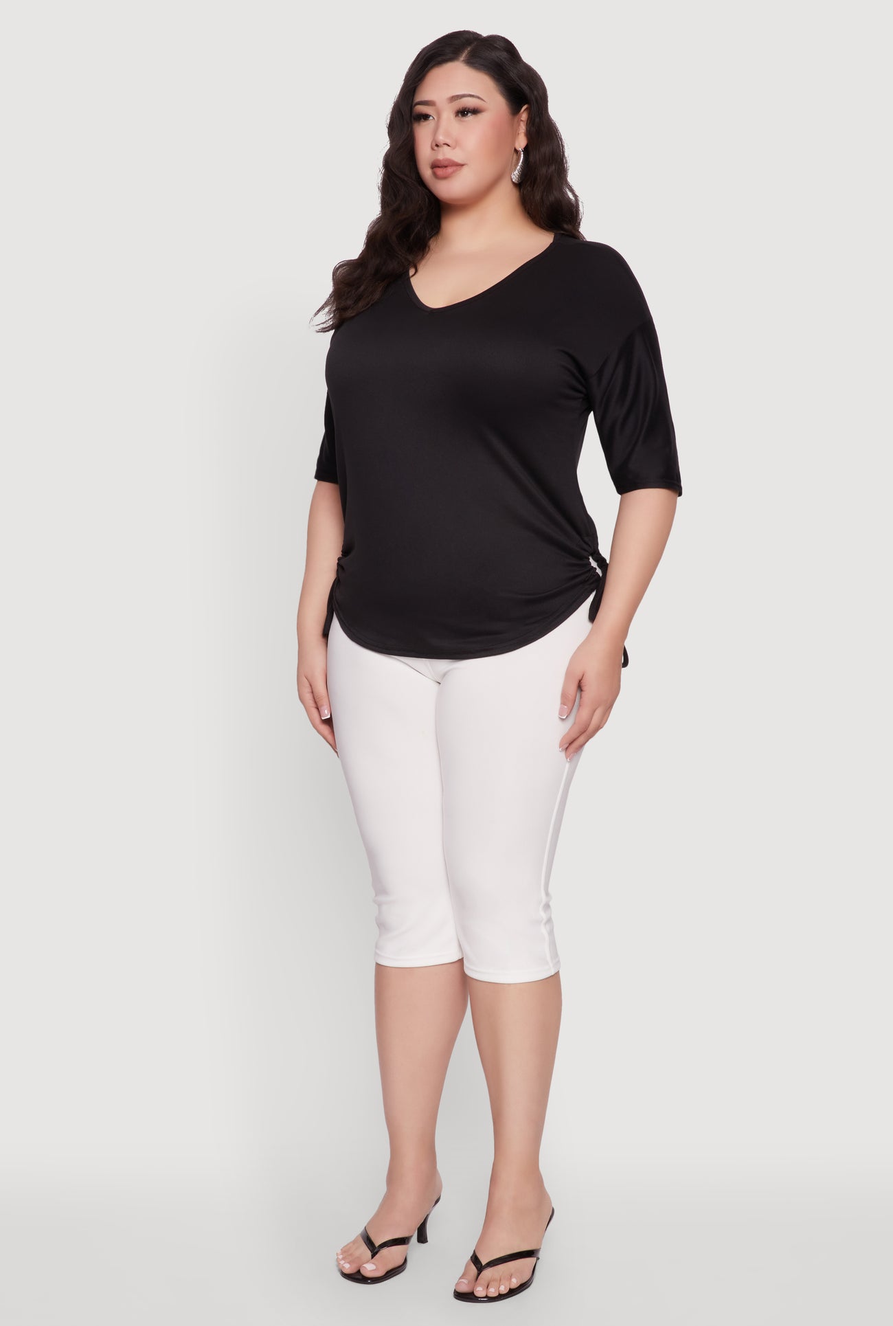 Plus Size Ruched Side Tie V Neck Top