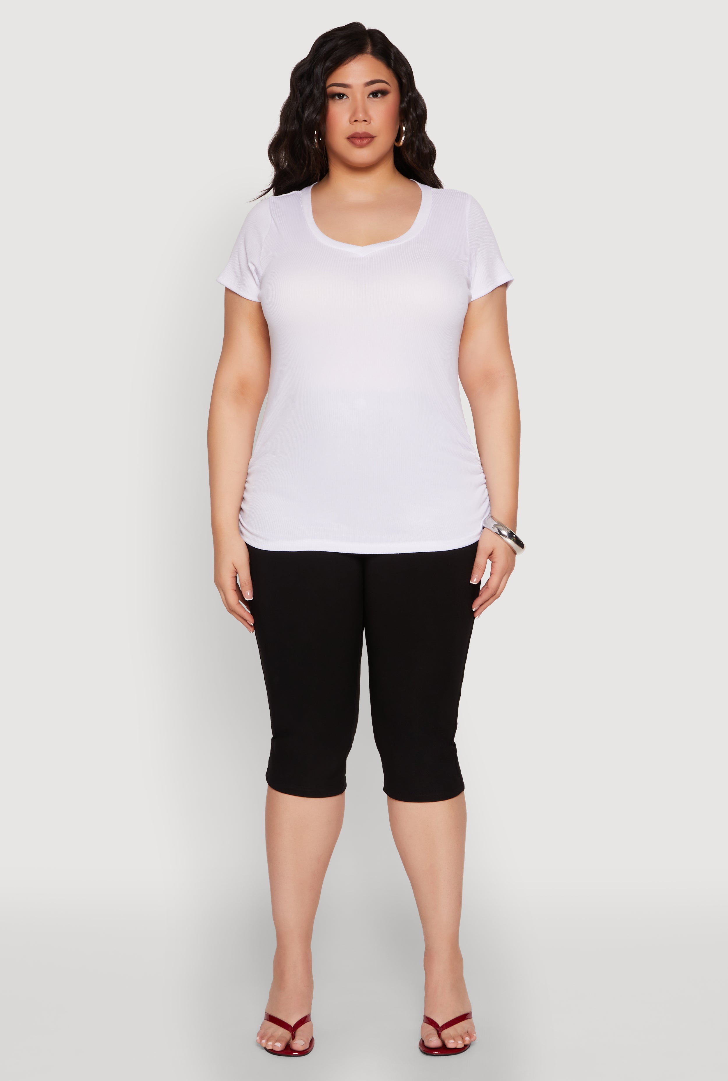 Plus Size Ribbed Knit Ruched Tee