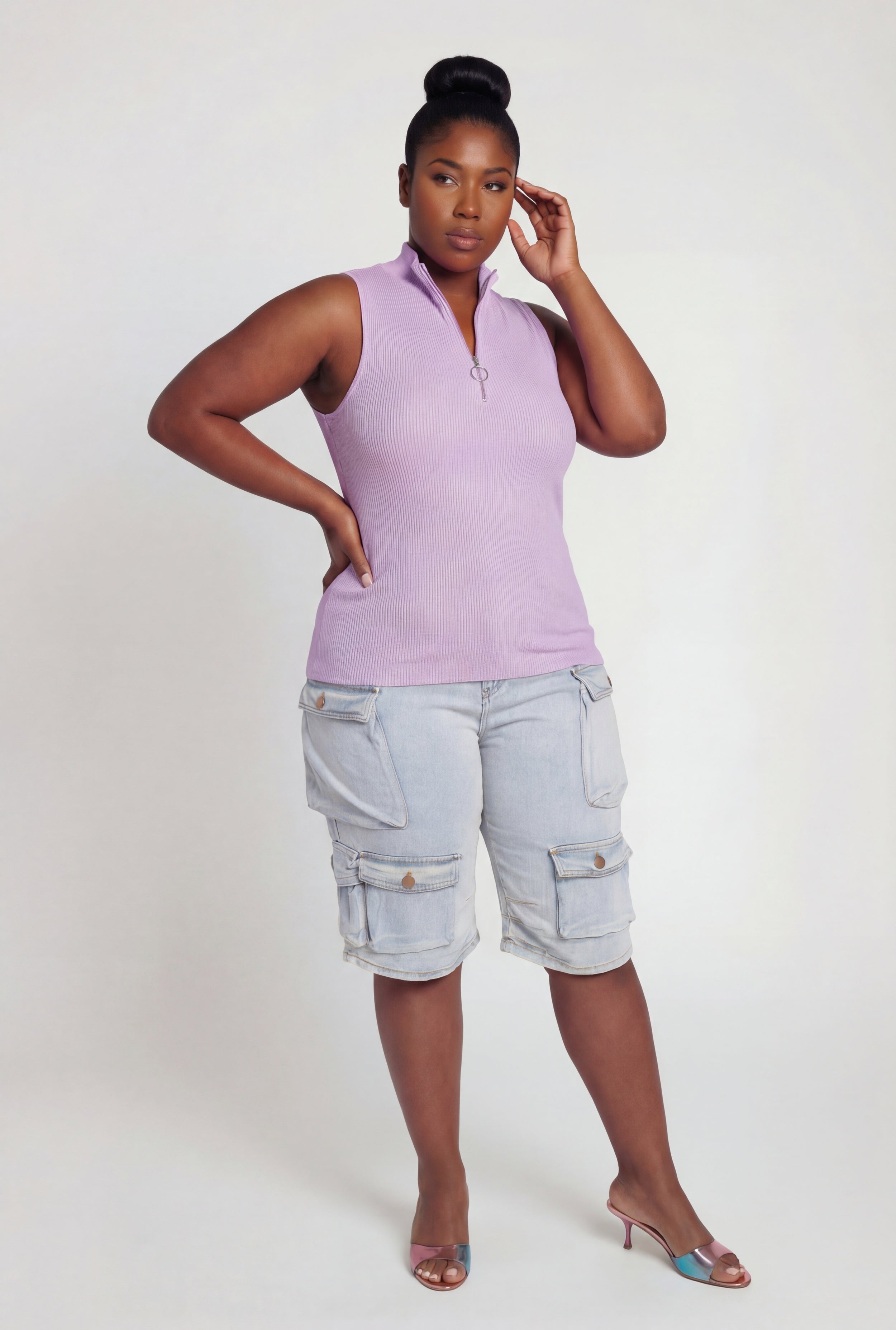 Plus Size Compression Rib Quarter Zip Sleeveless Top