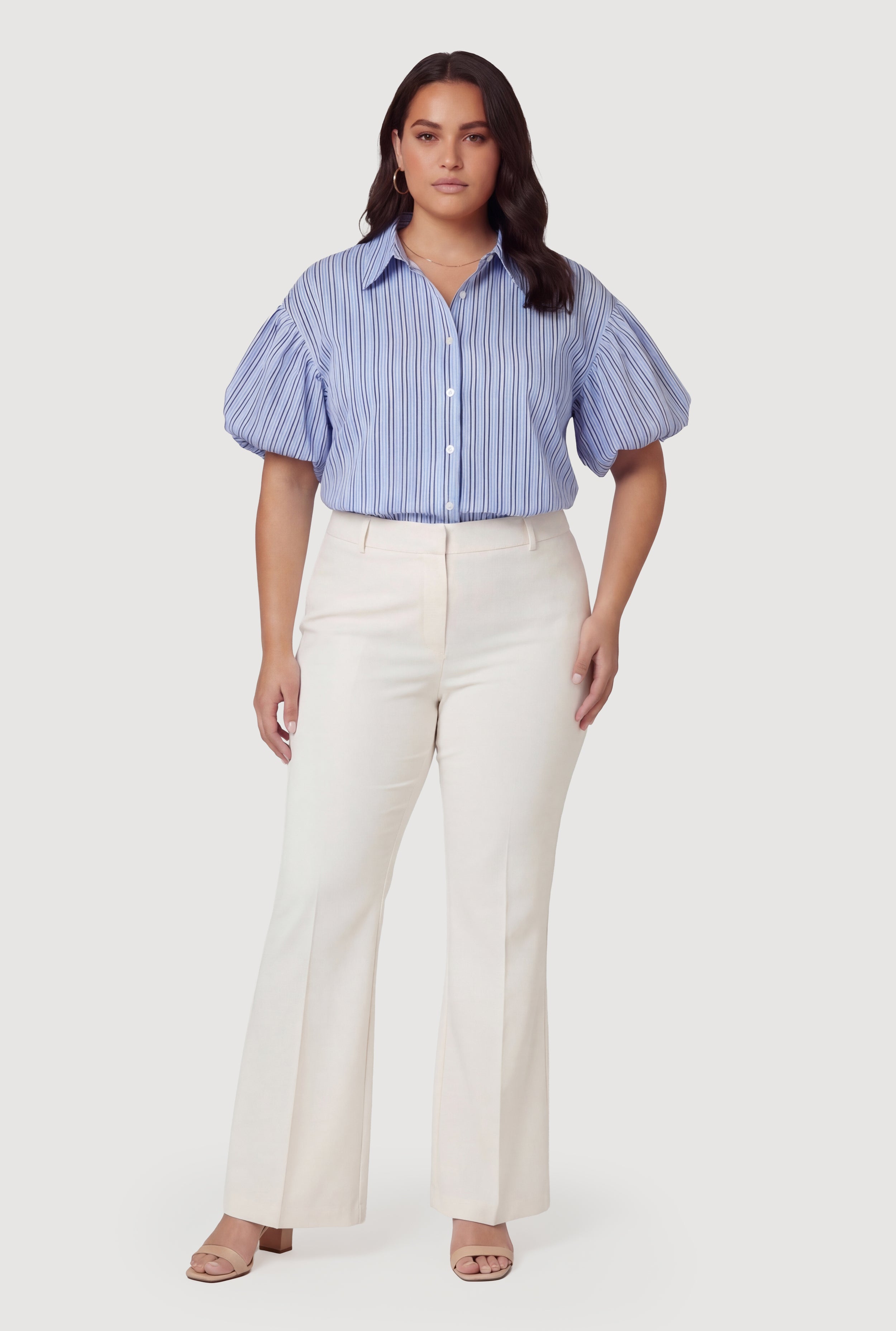 Plus Size Striped Bubble Sleeve Button Front Shirt