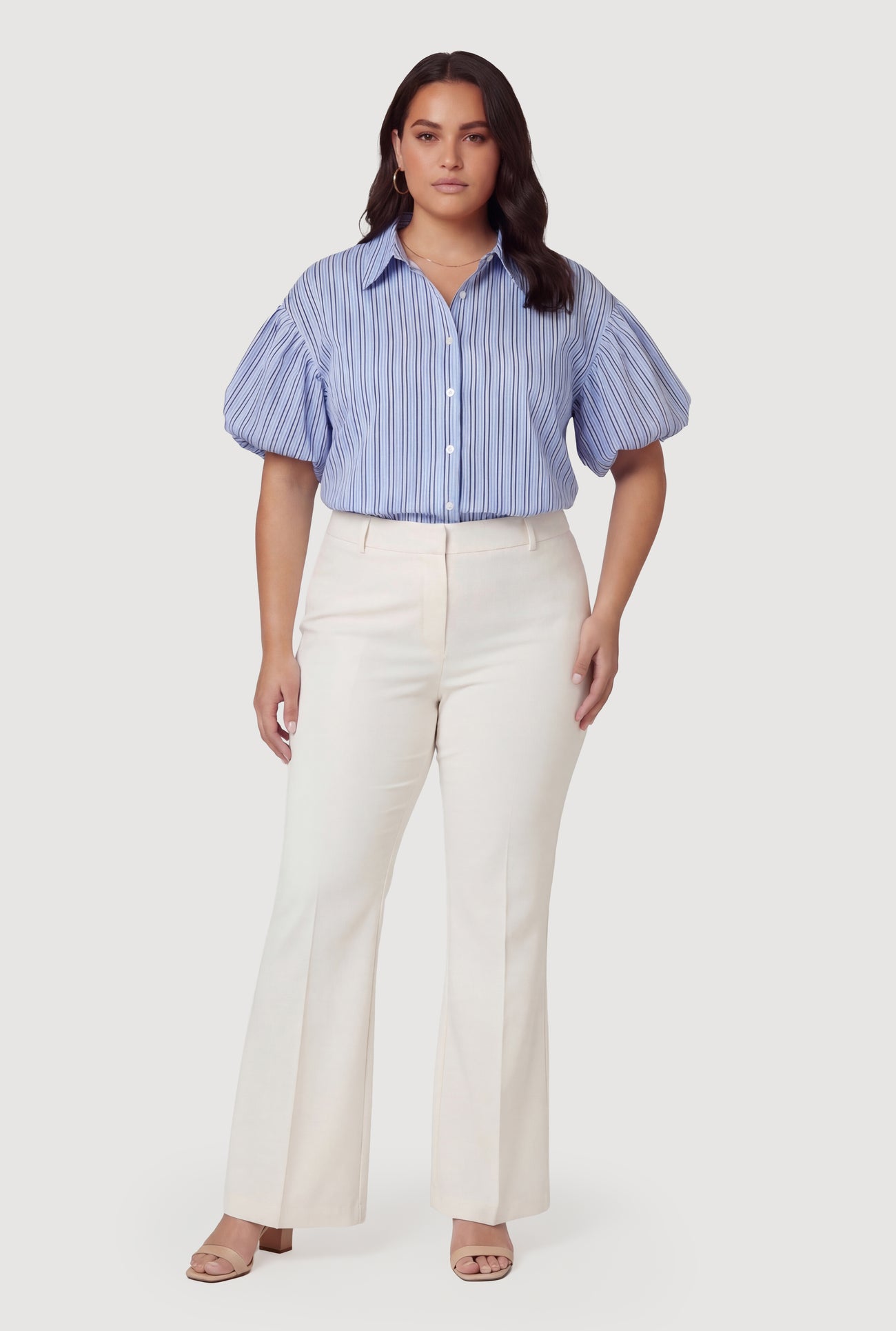 Plus Size Striped Bubble Sleeve Button Front Shirt Plus Size Striped Bubble Sleeve Button Front Shirt