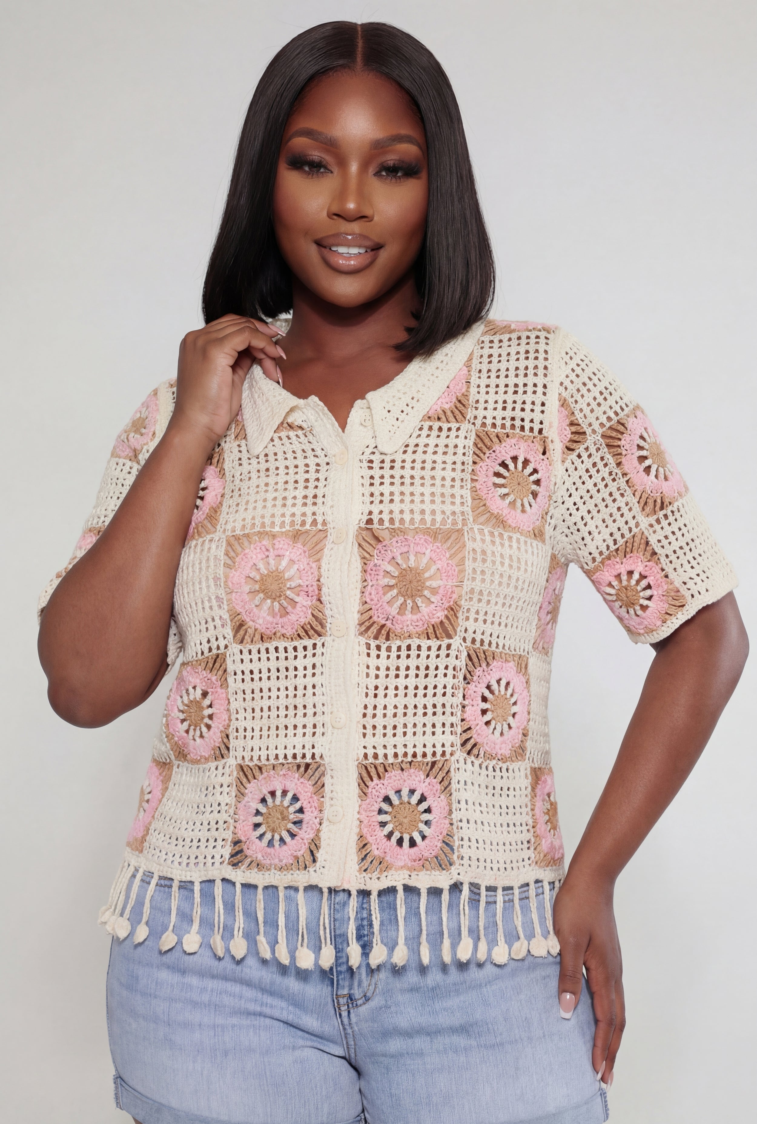 トップス Pompom Plus Size Pom Pom Fringe Hem Crochet Top