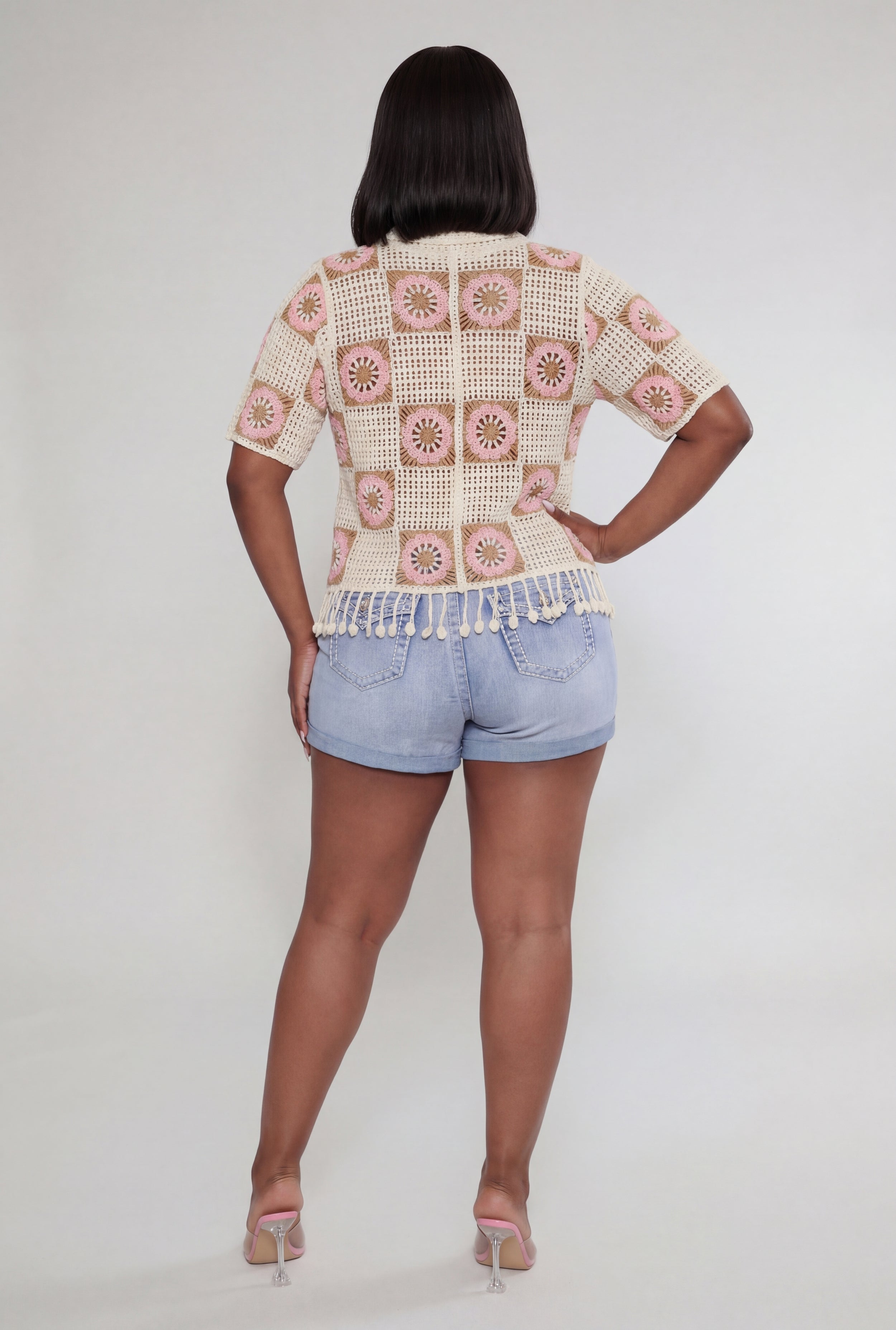 Plus Size Pom Pom Fringe Hem Crochet Top