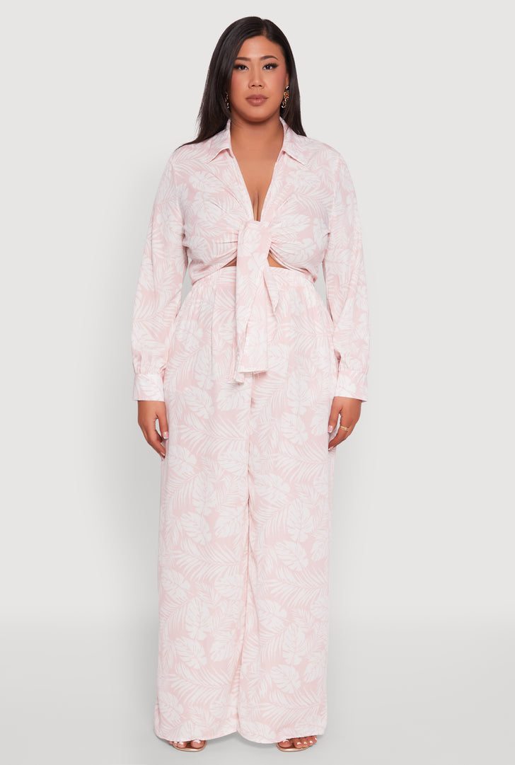 Plus Size Airy Leaf Print Palazzo Pants