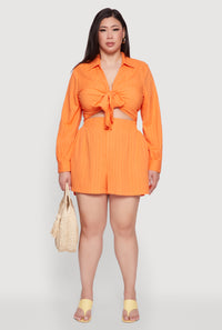 Plus Size Textured Knit Tie Front Crop Top