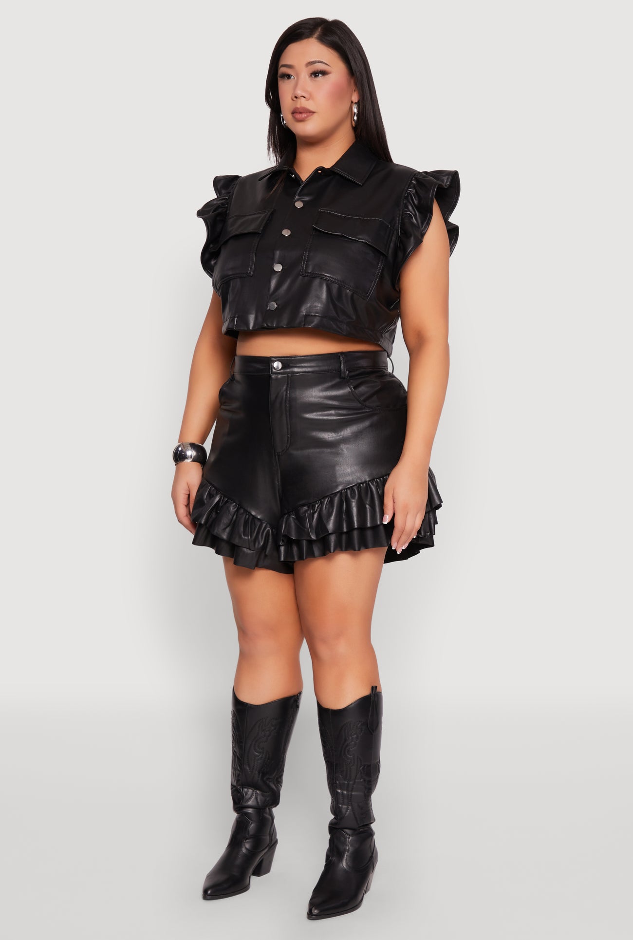 Plus Size Flutter Sleeve Faux Leather Jacket