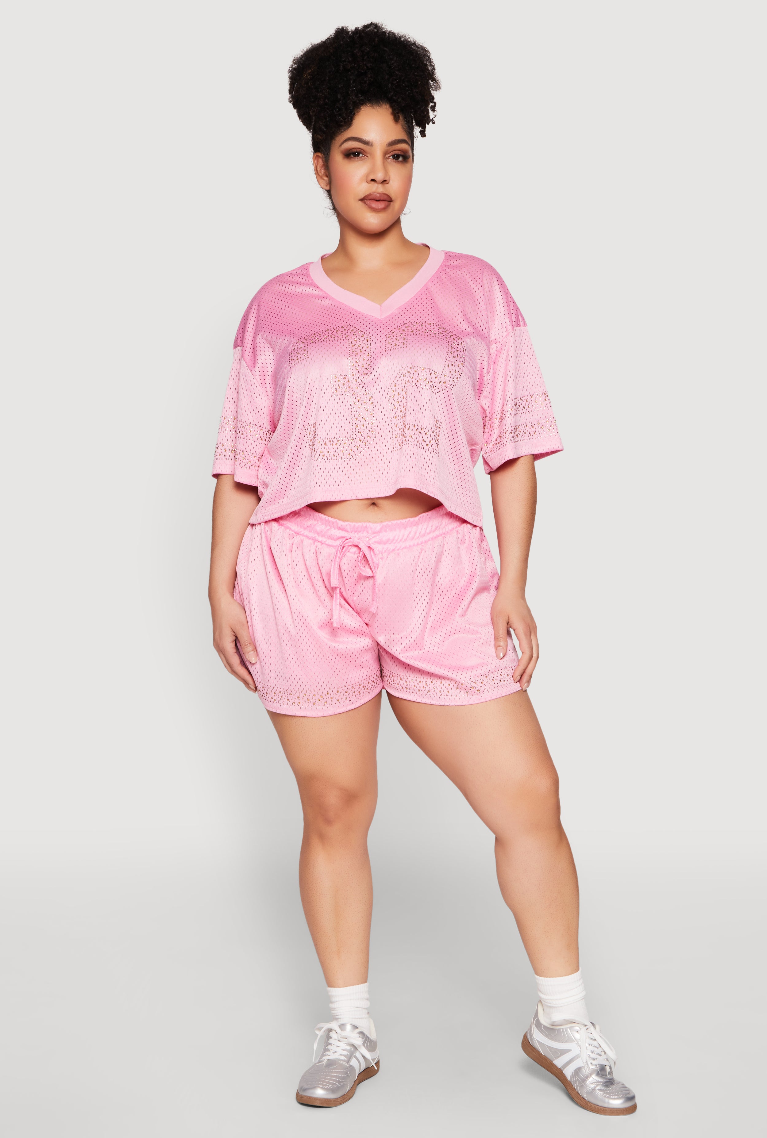 Plus Size Rhinestone Studded Jersey Mesh Shorts