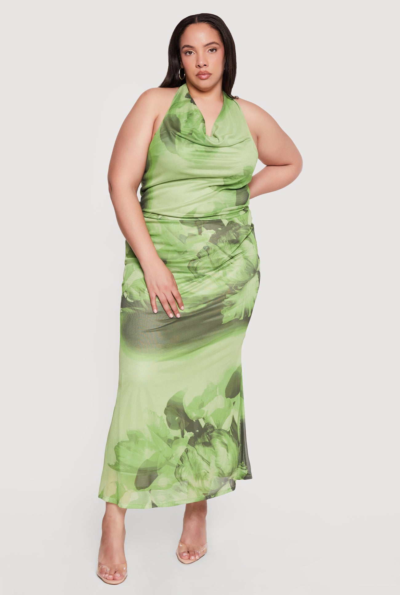 Plus Size Floral Mesh High Waisted Maxi Skirt