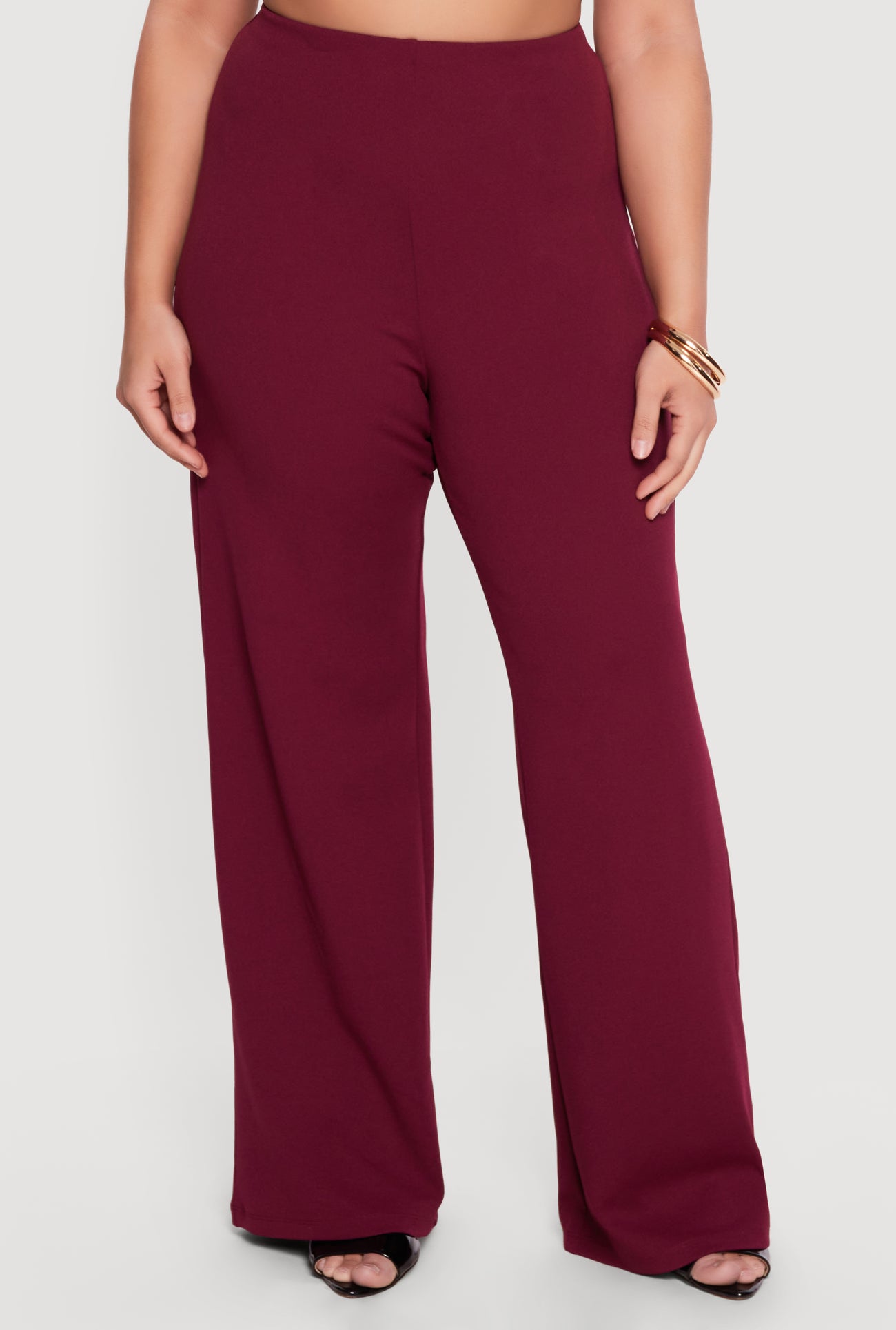 red high waisted dress pants Plus Size Crepe Knit High Waisted Wide Leg Dress Pants