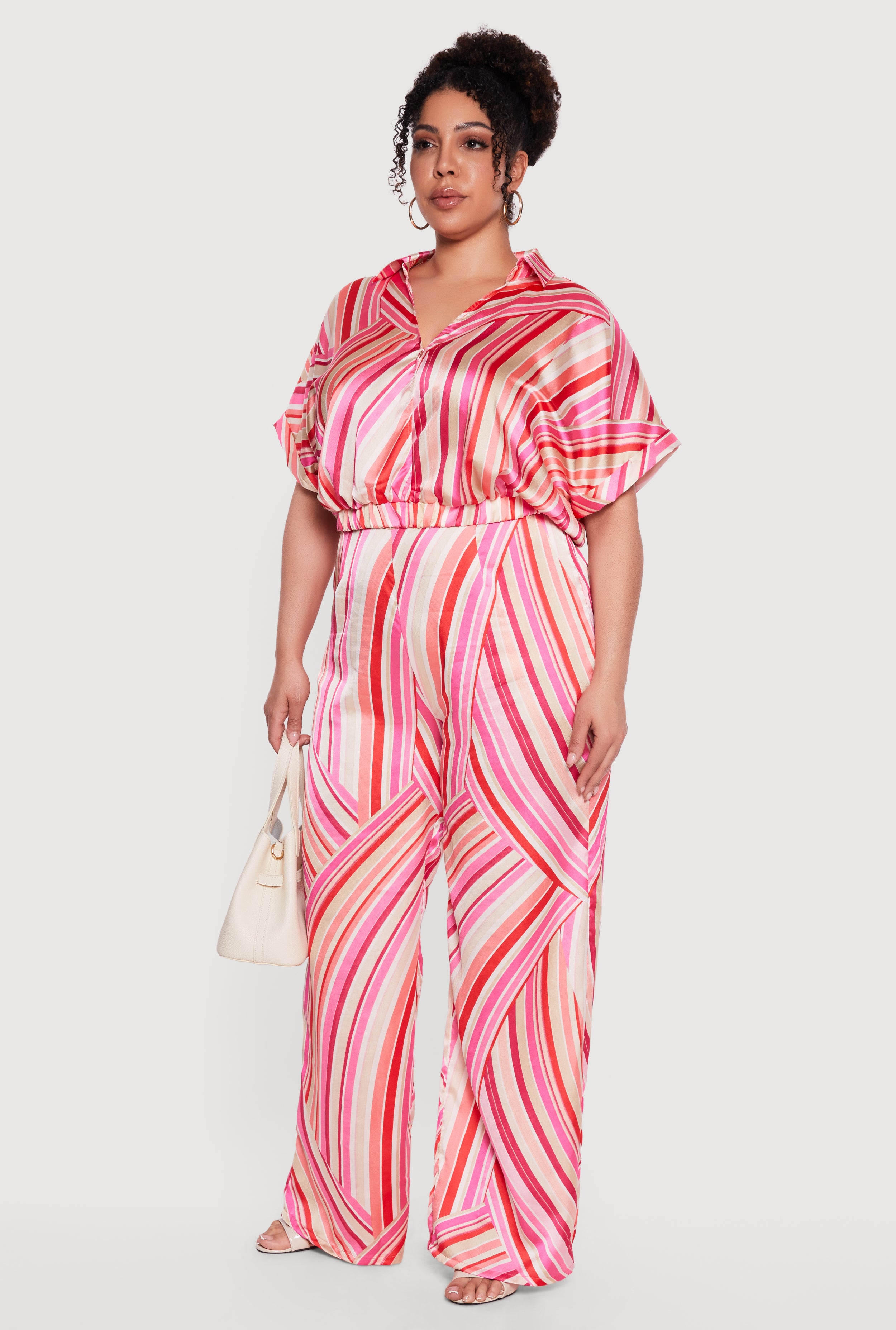 Plus Size Striped Satin Cropped Faux Wrap Blouse