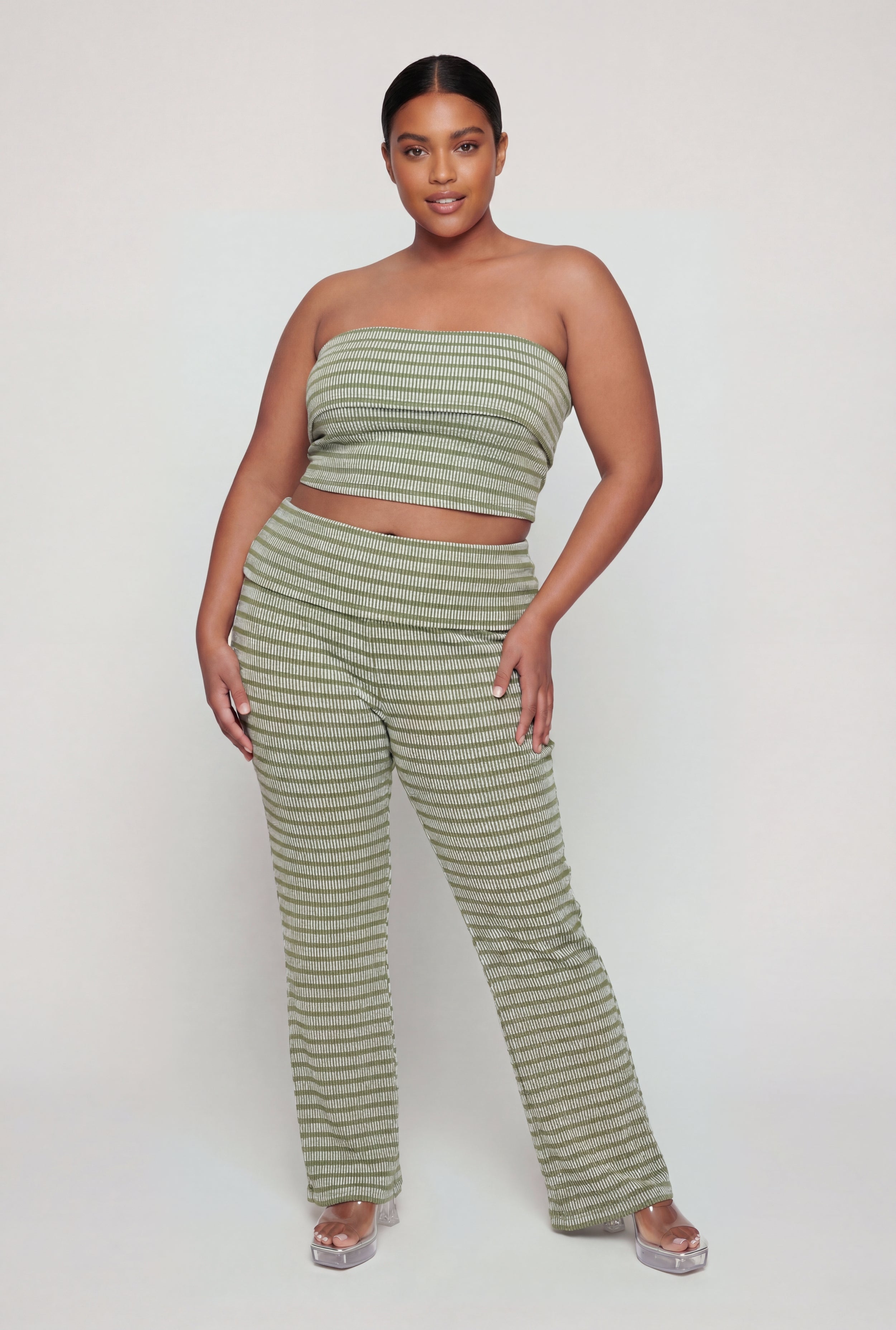 Plus Size Striped Fold Over Waist Rib Knit Pants