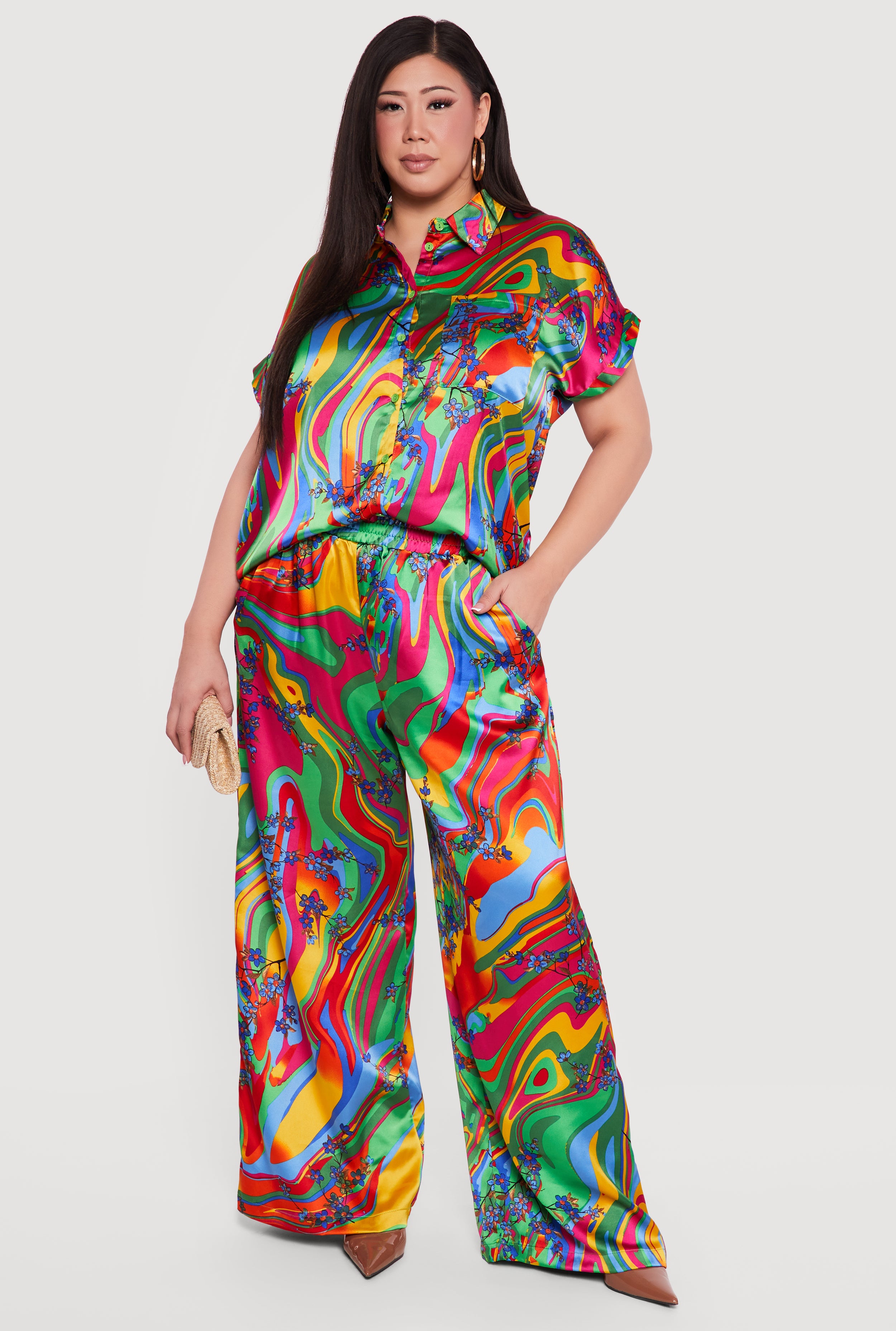Plus Size Floral Psychedelic Swirl Satin Wide Leg Pants