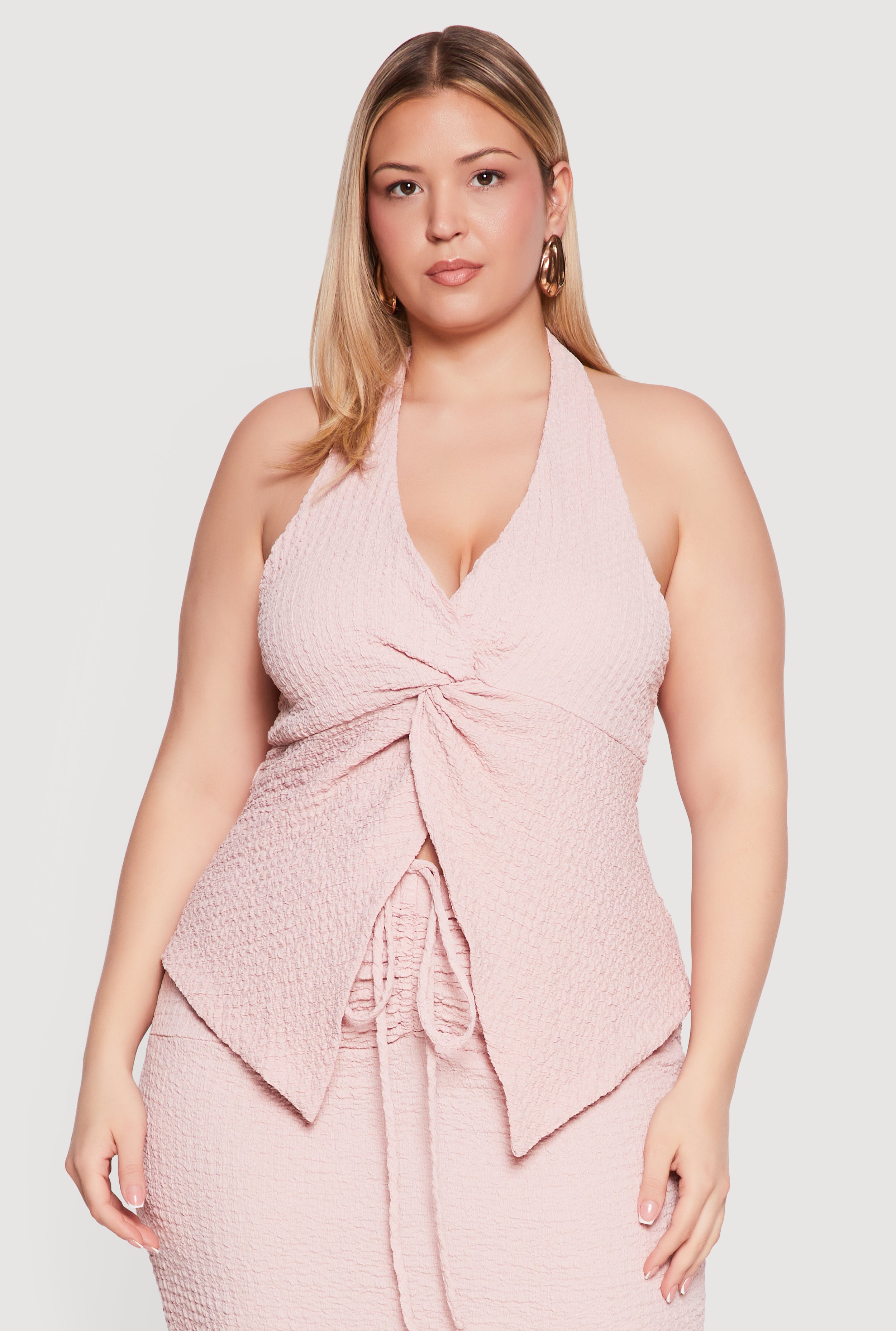 Plus Size Crepe Knit Twist Front Detail Split Hem Halter Top