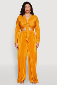 Plus Size Plisse Tie Front Crop Top