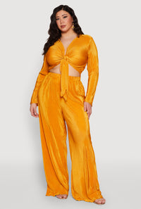 Plus Size Plisse Tie Front Crop Top