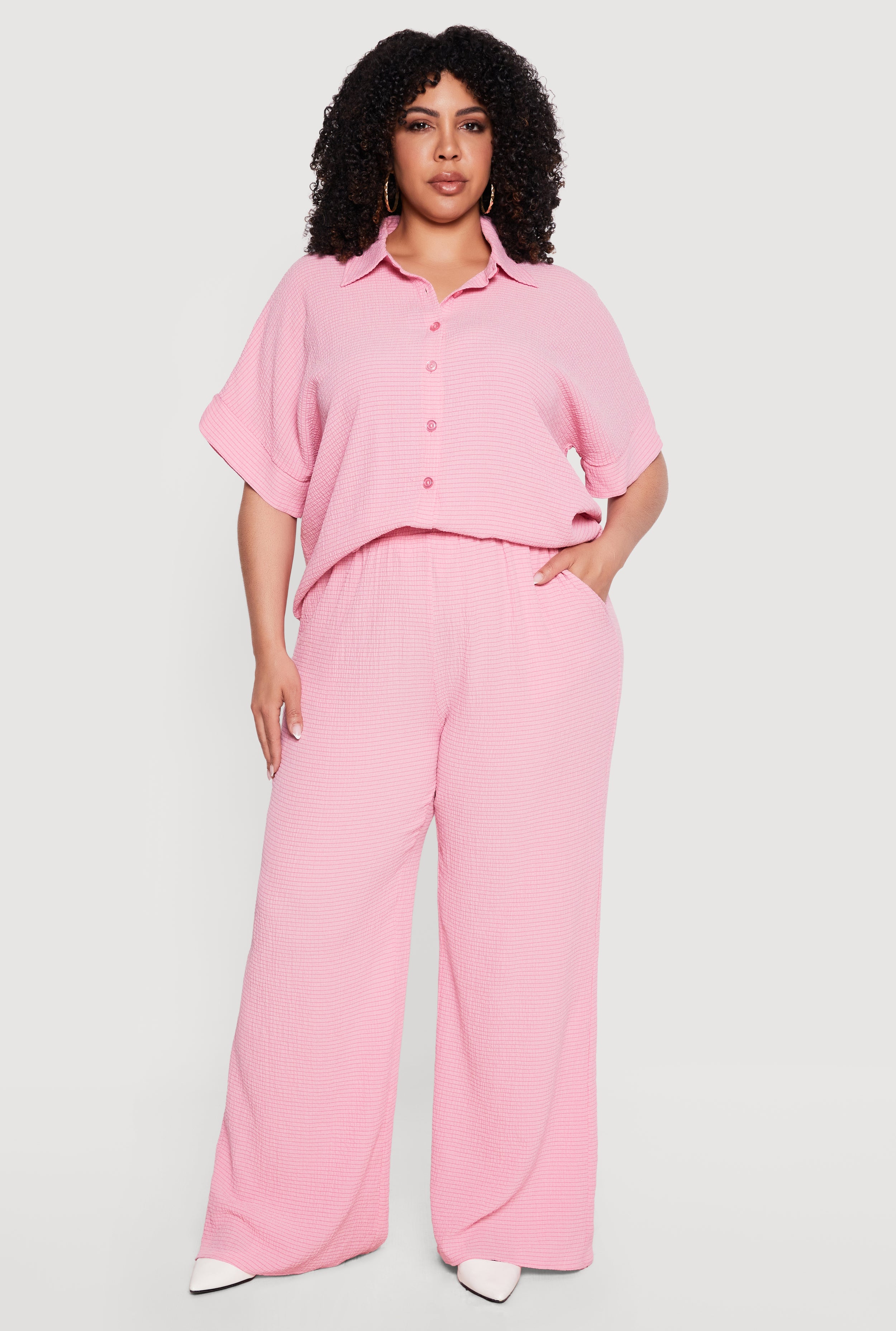 Plus Size High Waisted Seersucker Wide Leg Pants