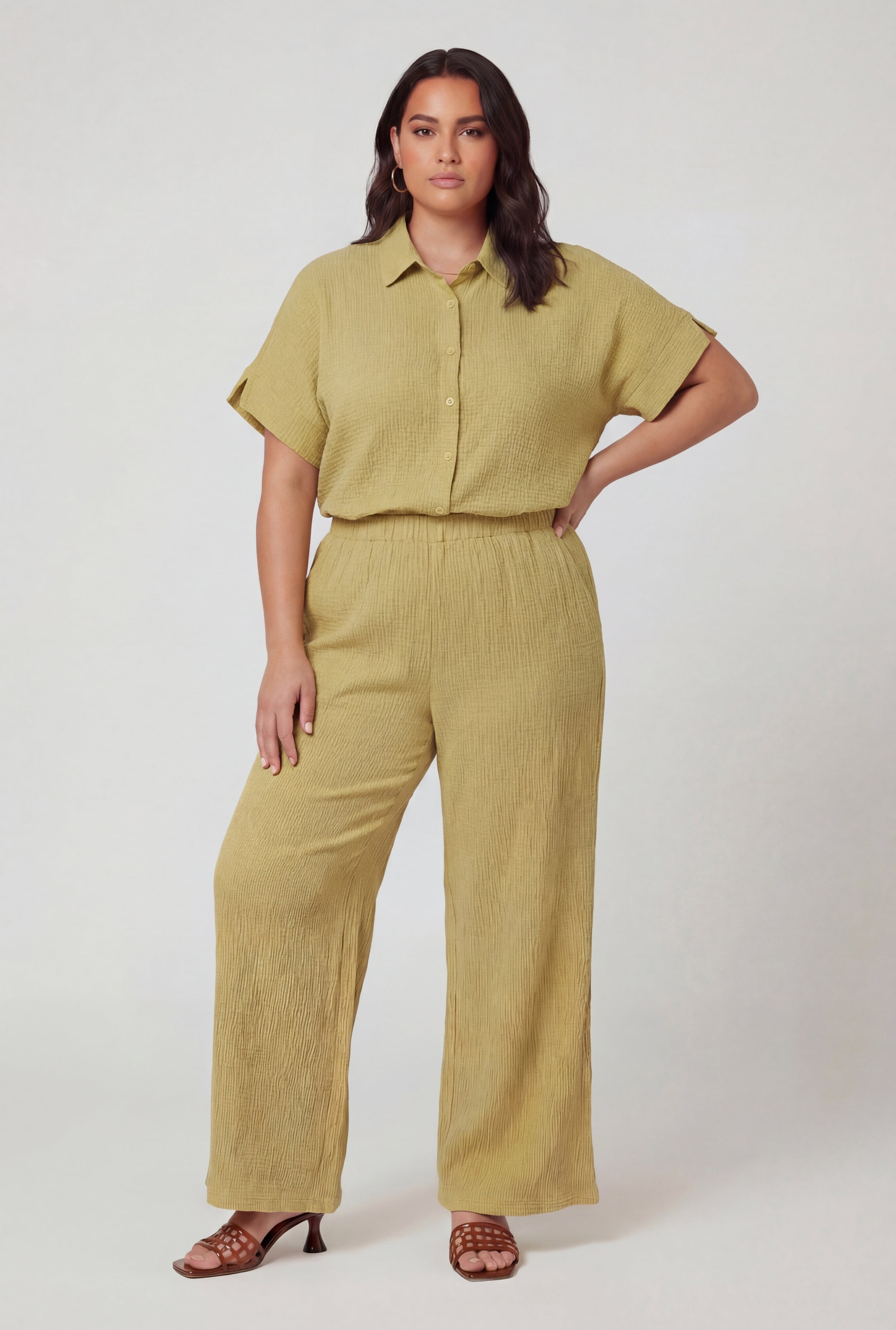 Plus Size High Waisted Seersucker Wide Leg Pants