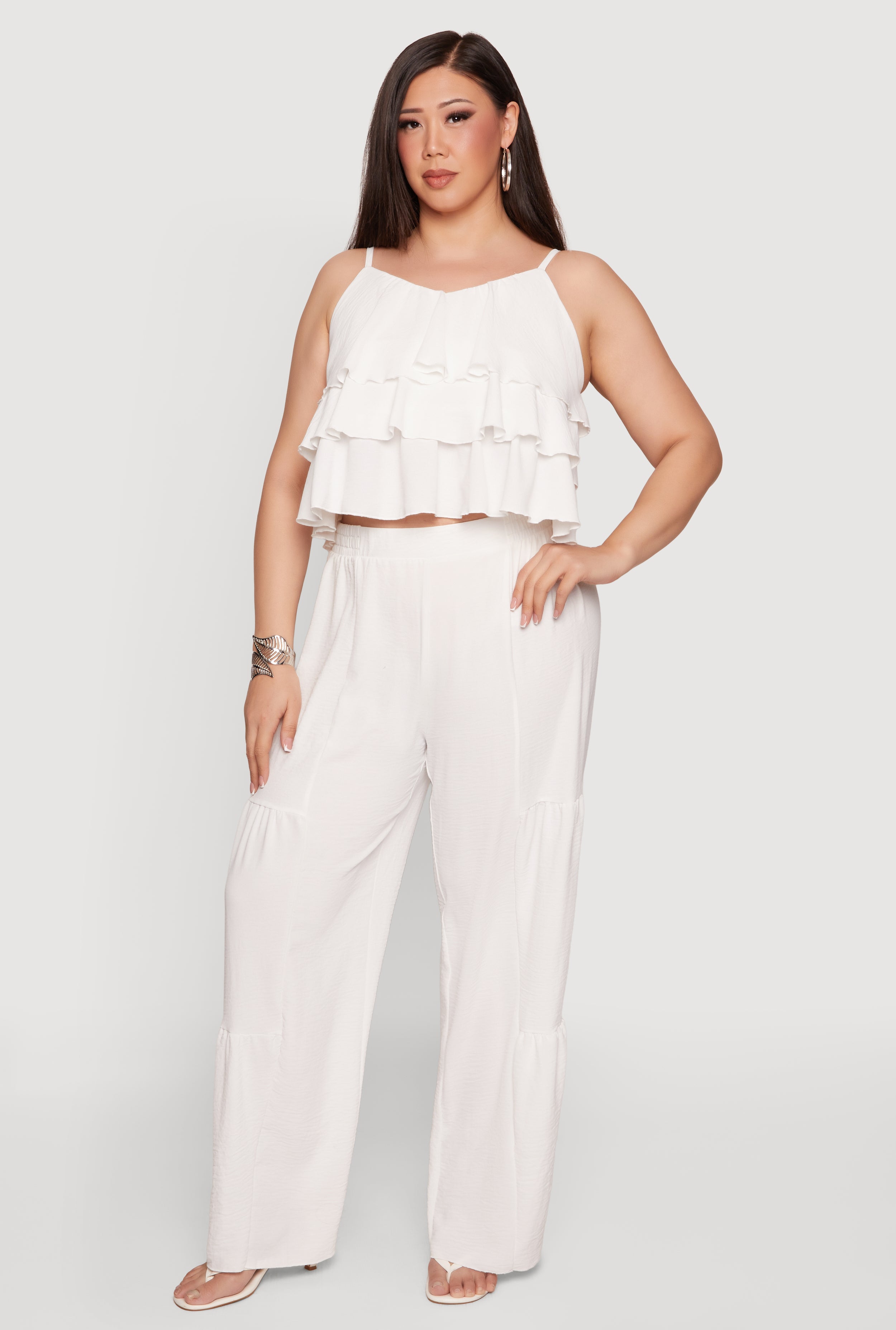 Plus Size High Waisted Crepe Knit Tiered Palazzo Pants