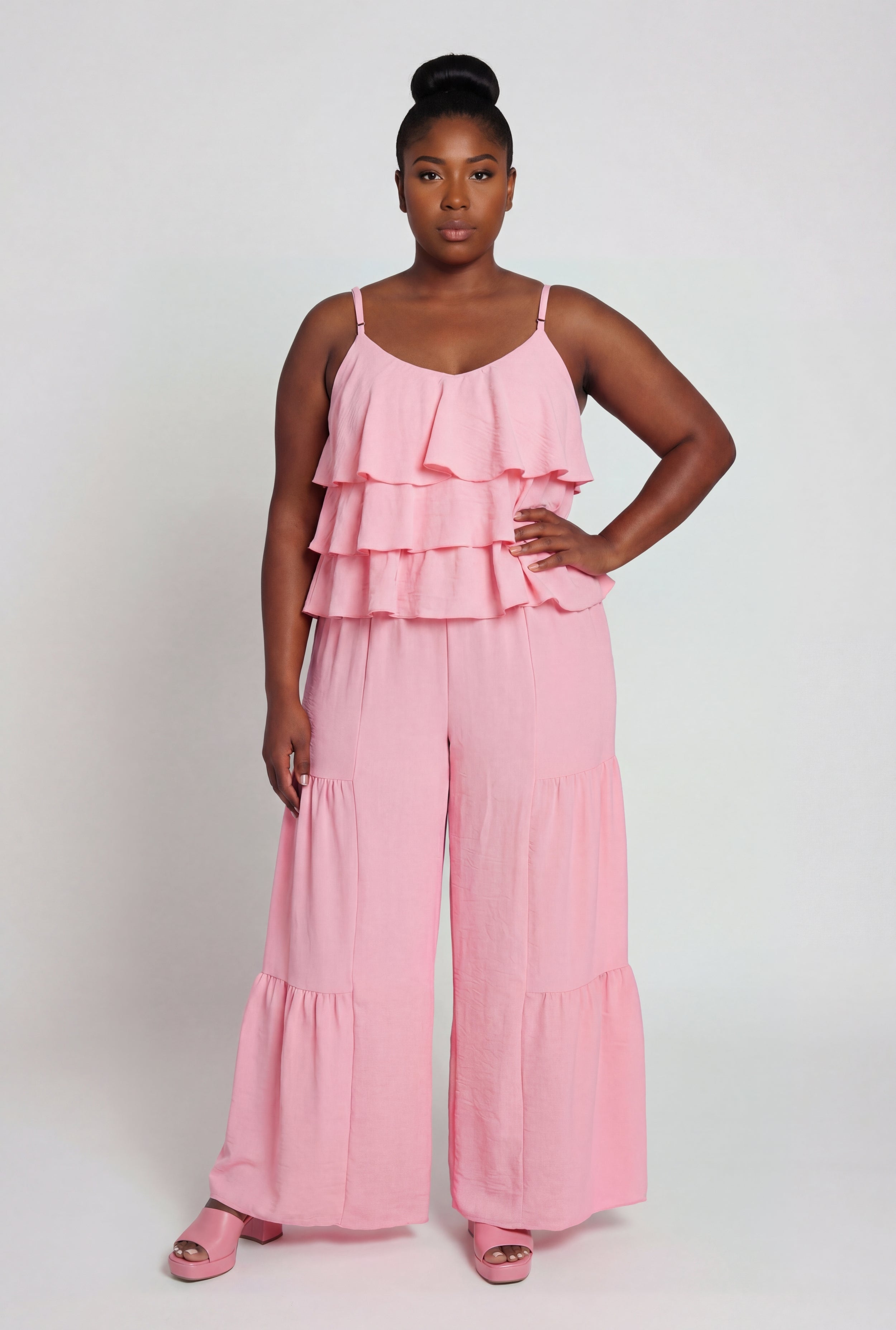 Plus Size High Waisted Crepe Knit Tiered Palazzo Pants