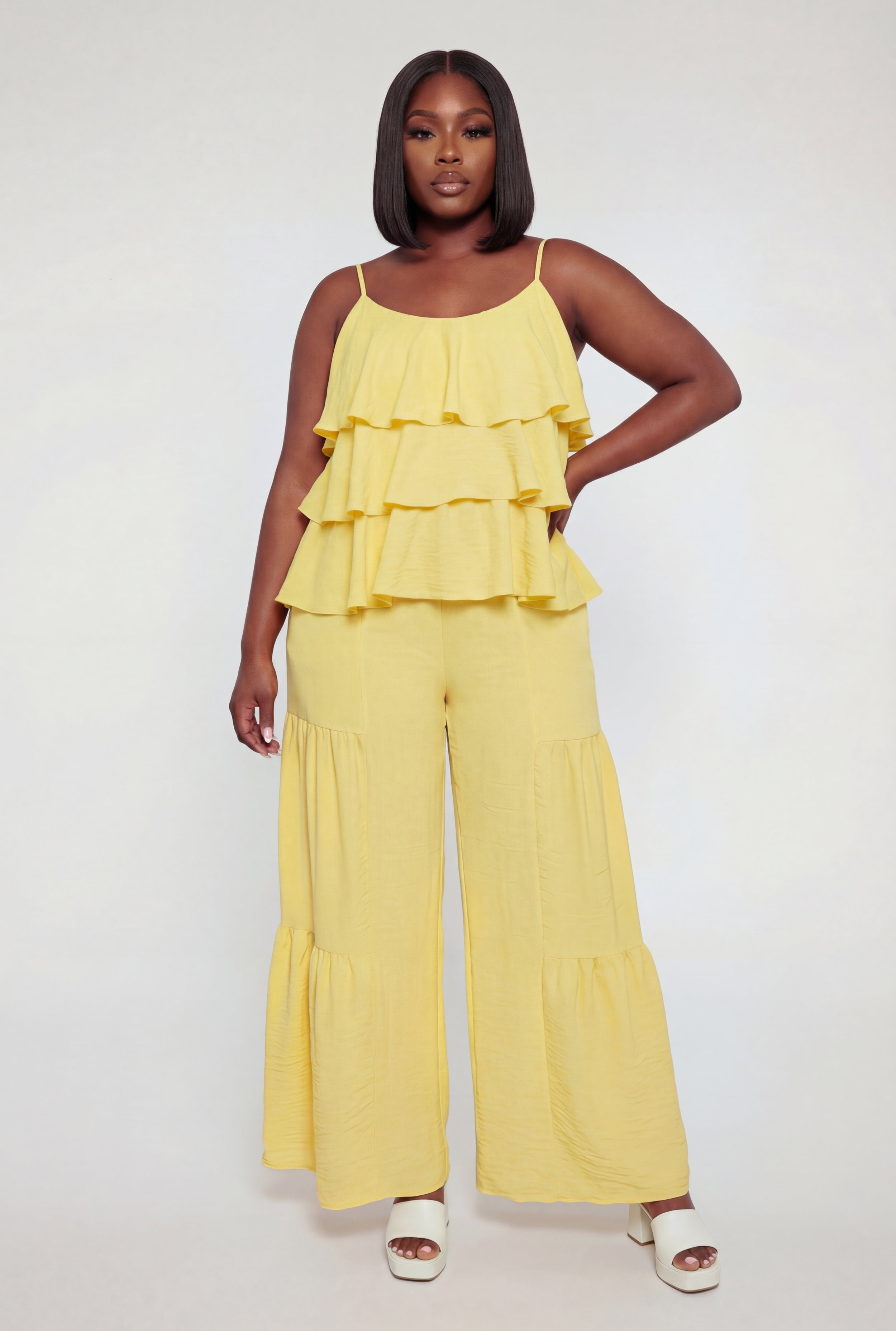 CREPE WEAVE SETUP PANTS Lサイズ MASH STORE Plus Size High Waisted Crepe Knit Tiered Palazzo Pants