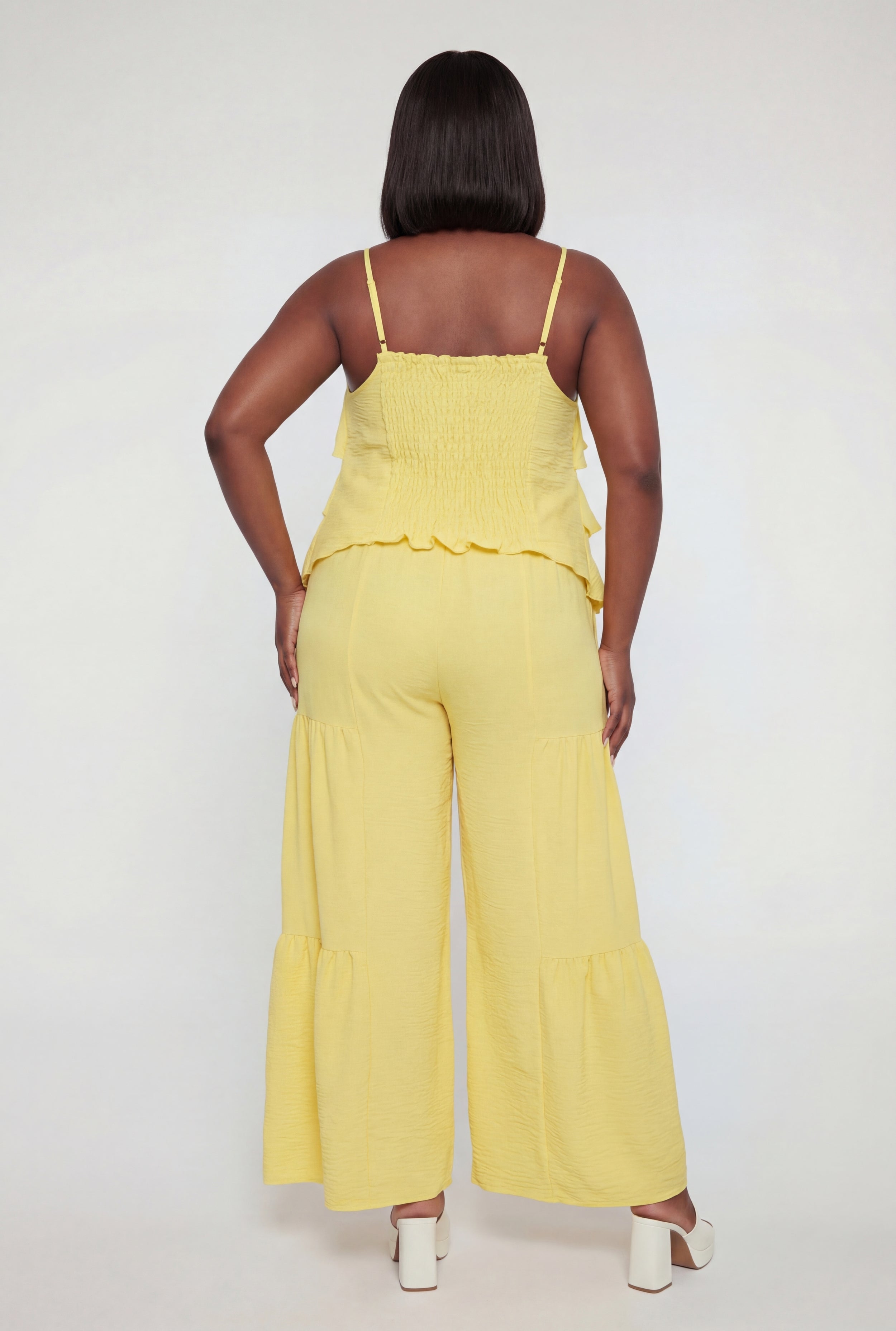 Plus Size High Waisted Crepe Knit Tiered Palazzo Pants