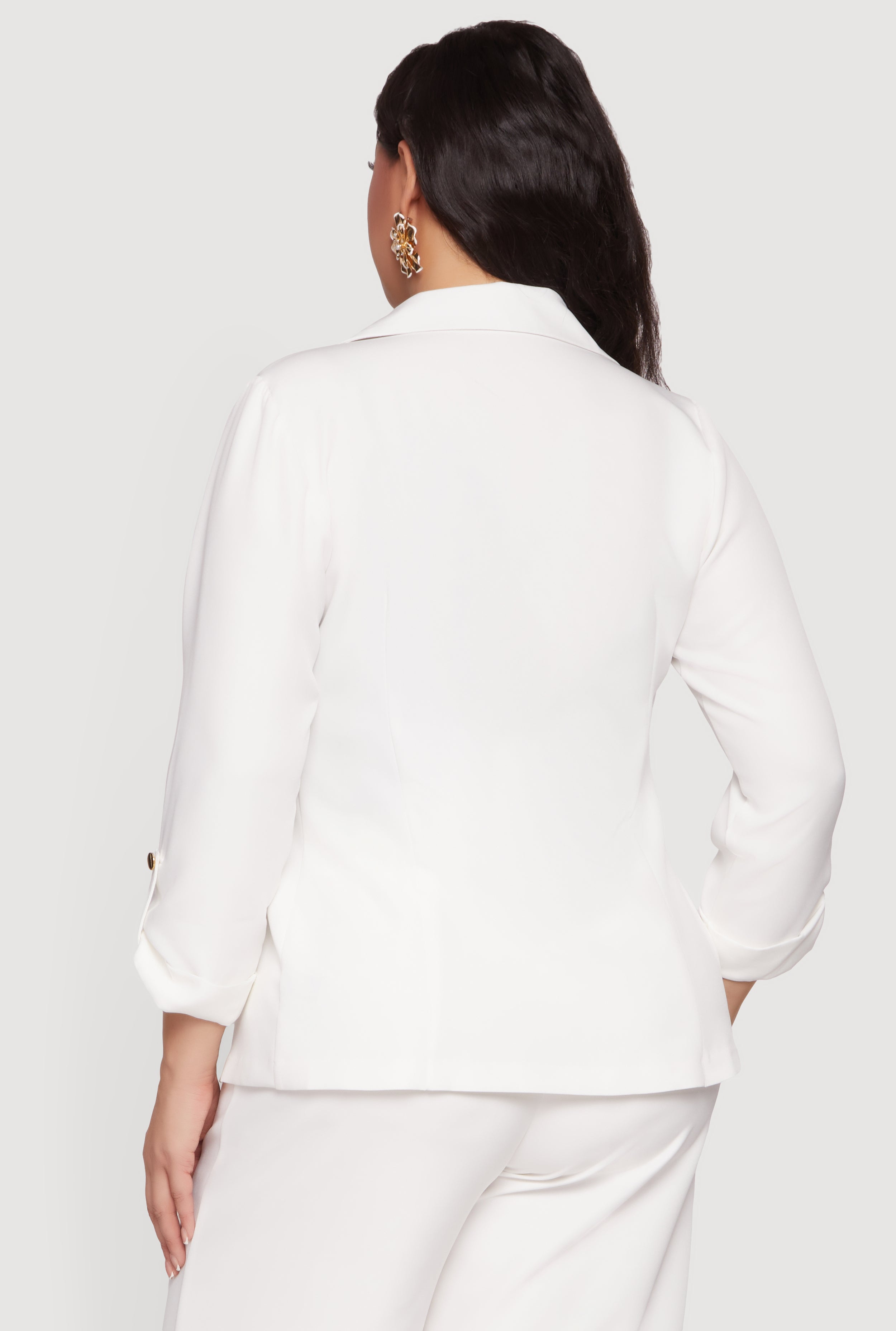 Plus Size Crepe Knit Tabbed Sleeve Open Front Blazer