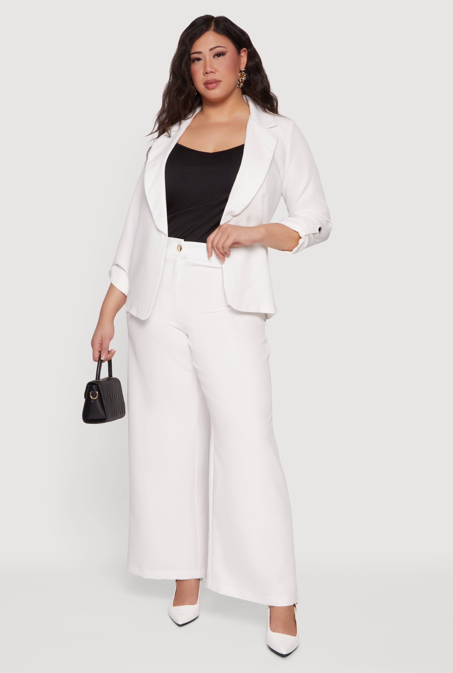 plus size ivory dress pants Plus Size High Waisted Wide Leg Crepe Knit Dress Pants