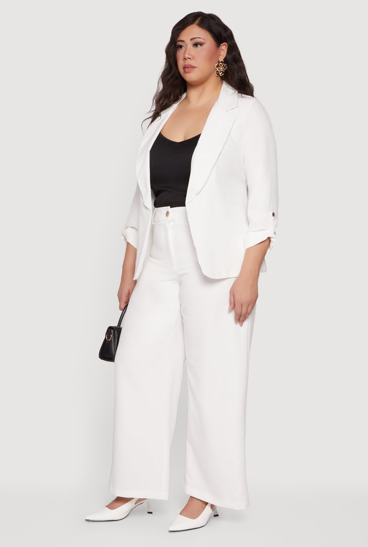 Plus Size Crepe Knit Tabbed Sleeve Open Front Blazer