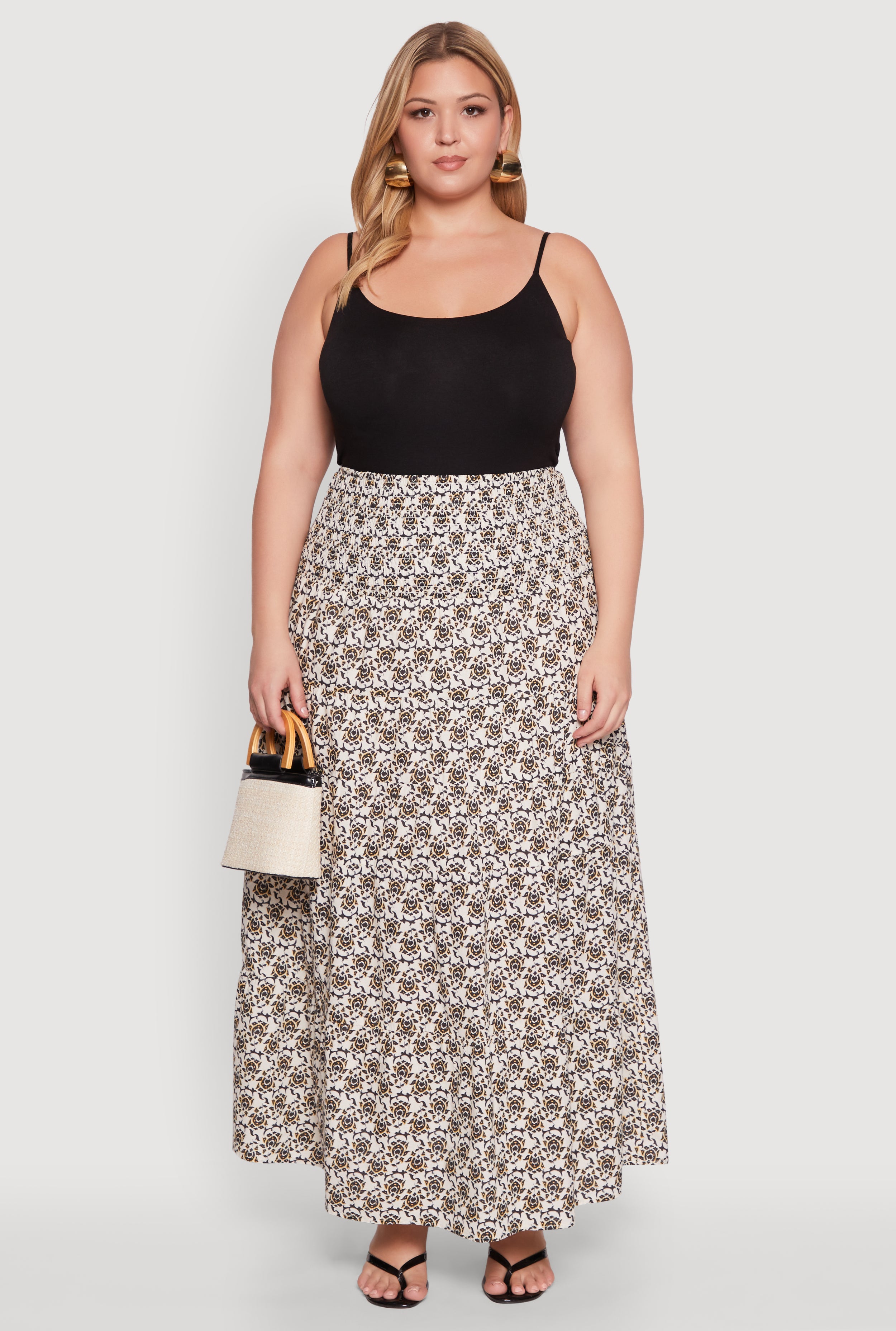 Plus Size Patterned Smocked Waist Maxi Skirt