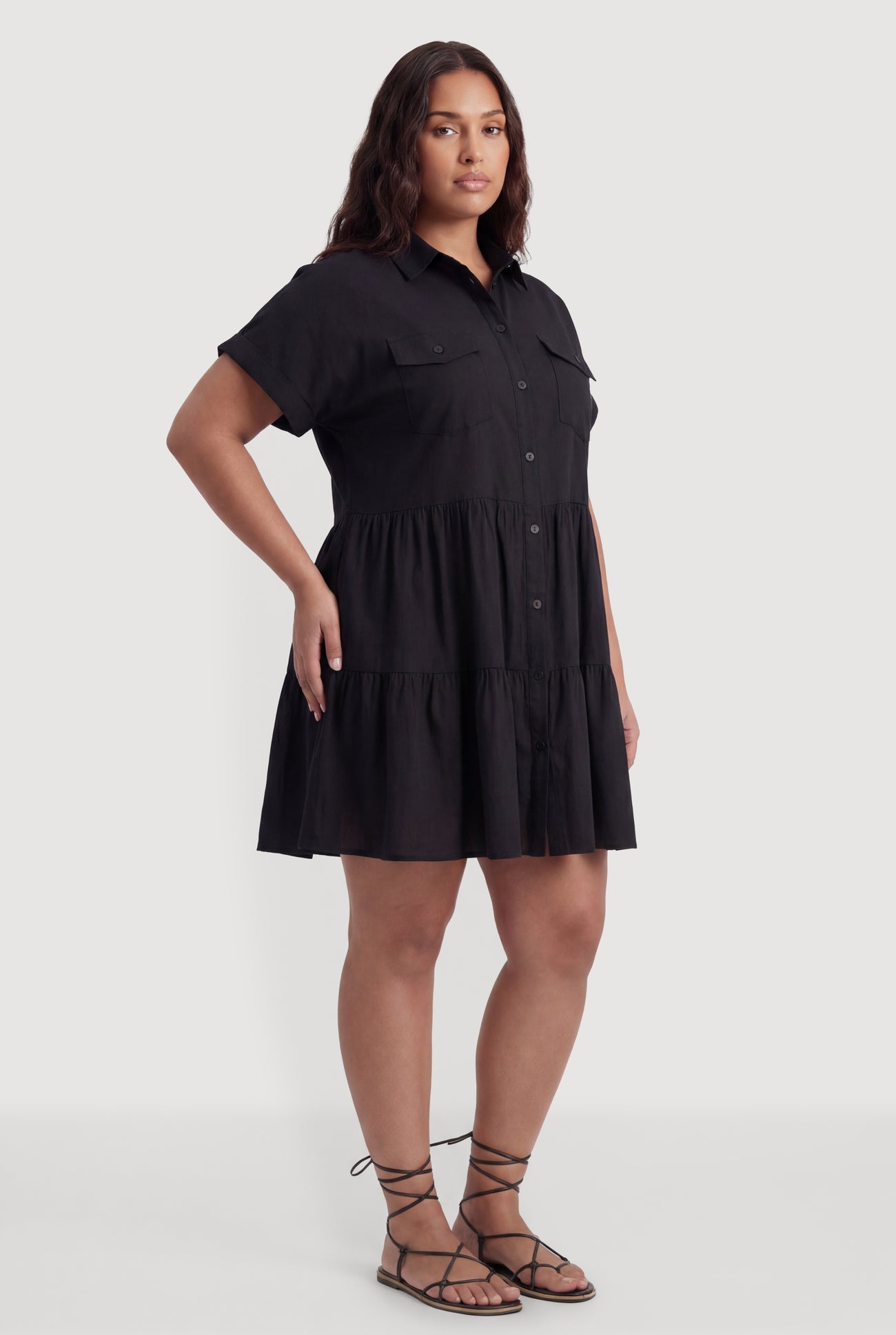 Plus Size Ruffle Tiered Button Front Shirt Dress