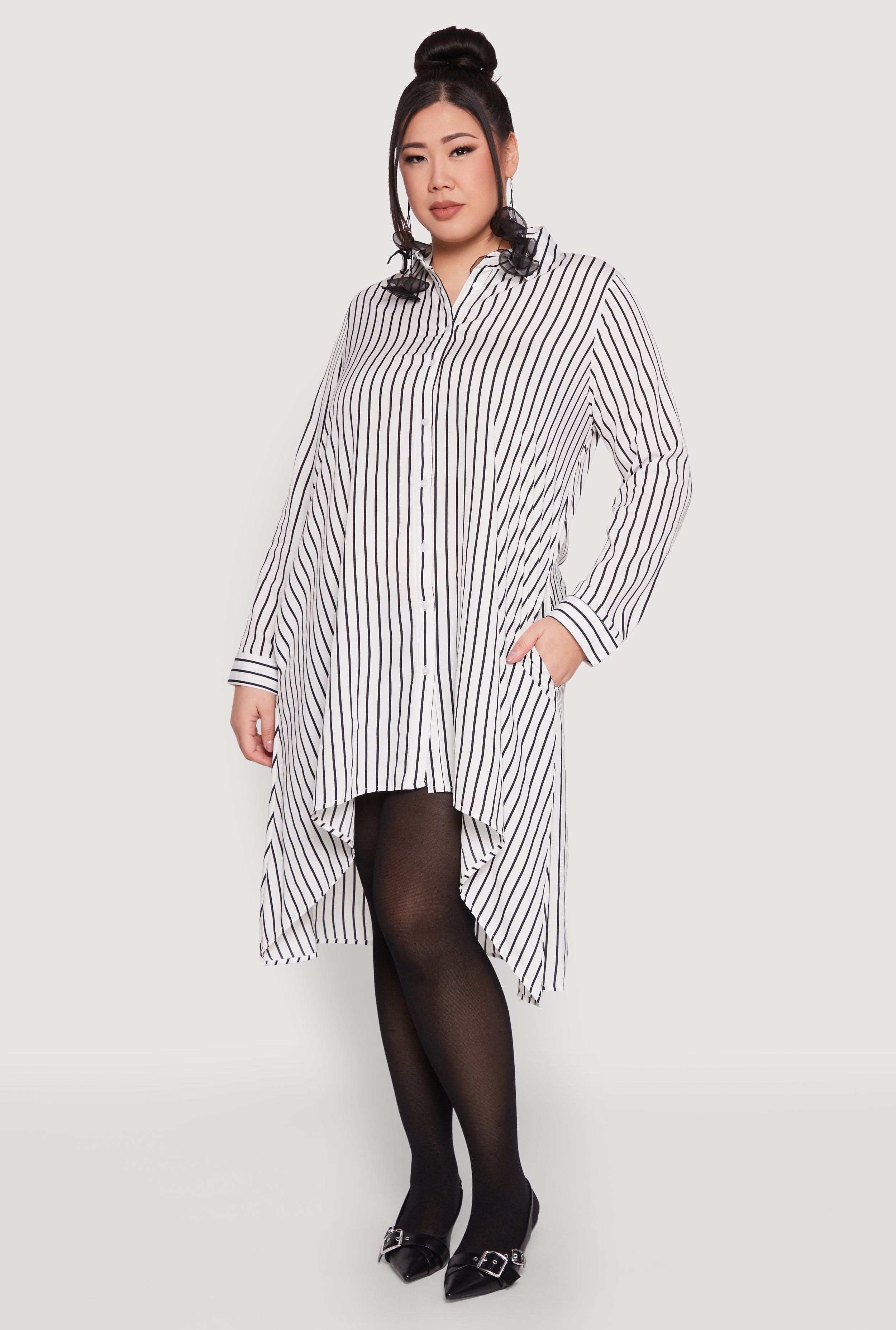Plus Size Striped High Low Hem Shirt Dress - 1X
