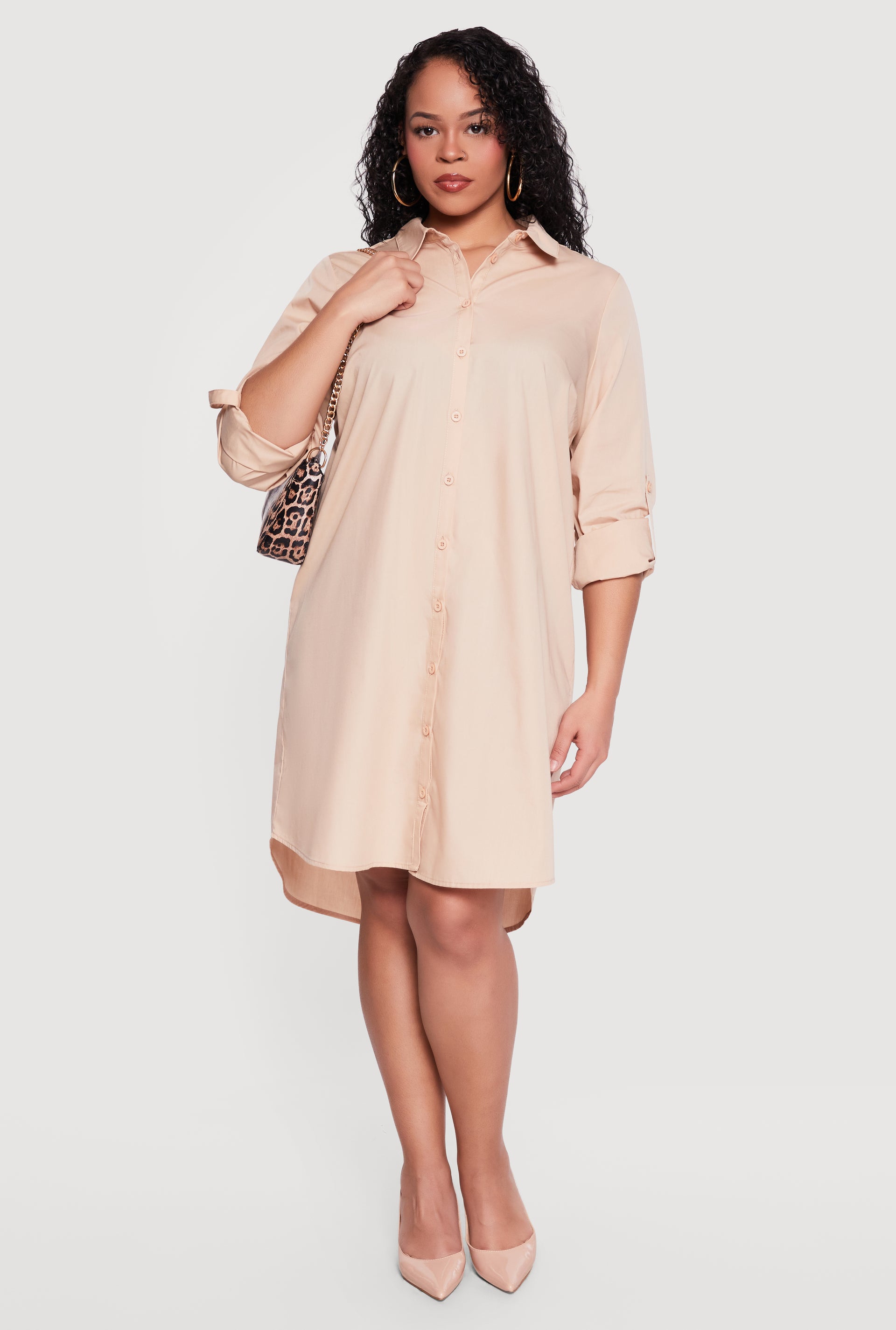 Womens Plus Size Poplin Tabbed Sleeve Shirt Dress, Khaki, Size 1X