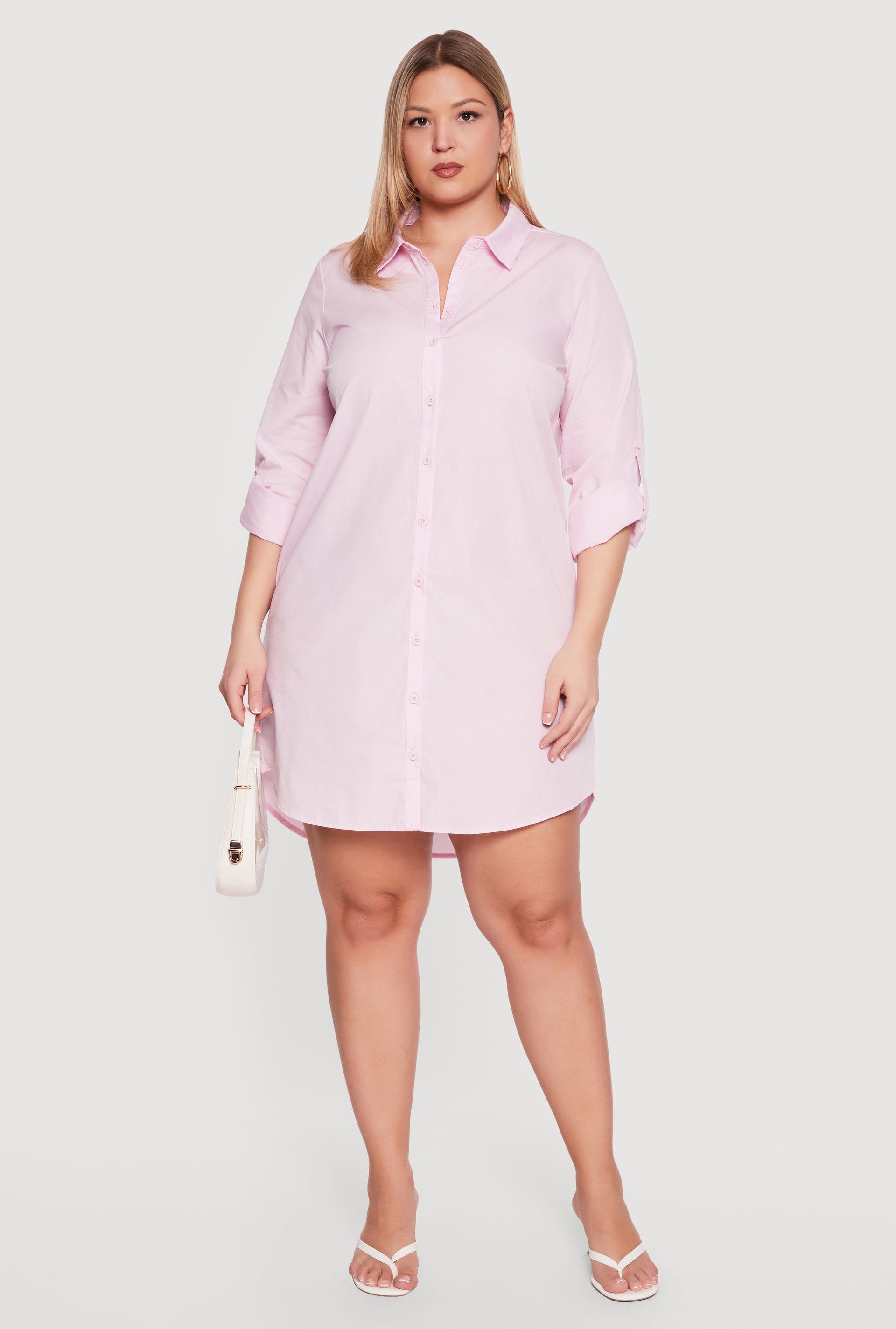Plus Size Poplin Tabbed Sleeve Shirt Dress