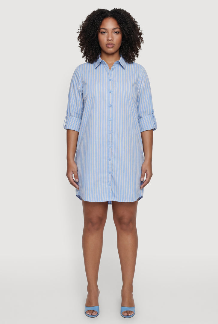 blue plus size shirt dress H005X-DENIM Plus Size High-Low Denim Shirt Dress Self Belt