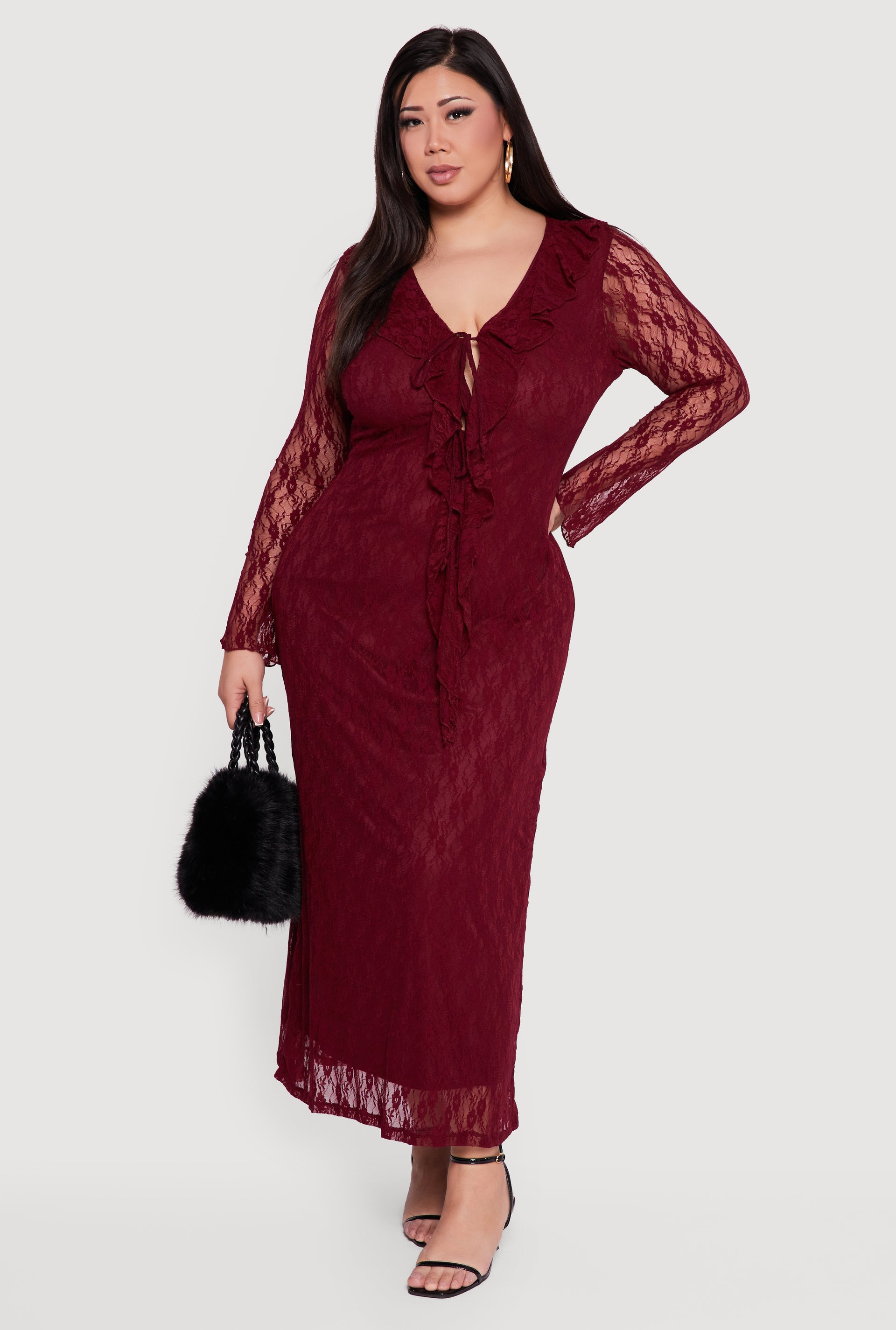 Plus Size Long Sleeve Lace Maxi Dress with Tie Front Plus Size Long Sleeve Lace Maxi Dress with Tie Front