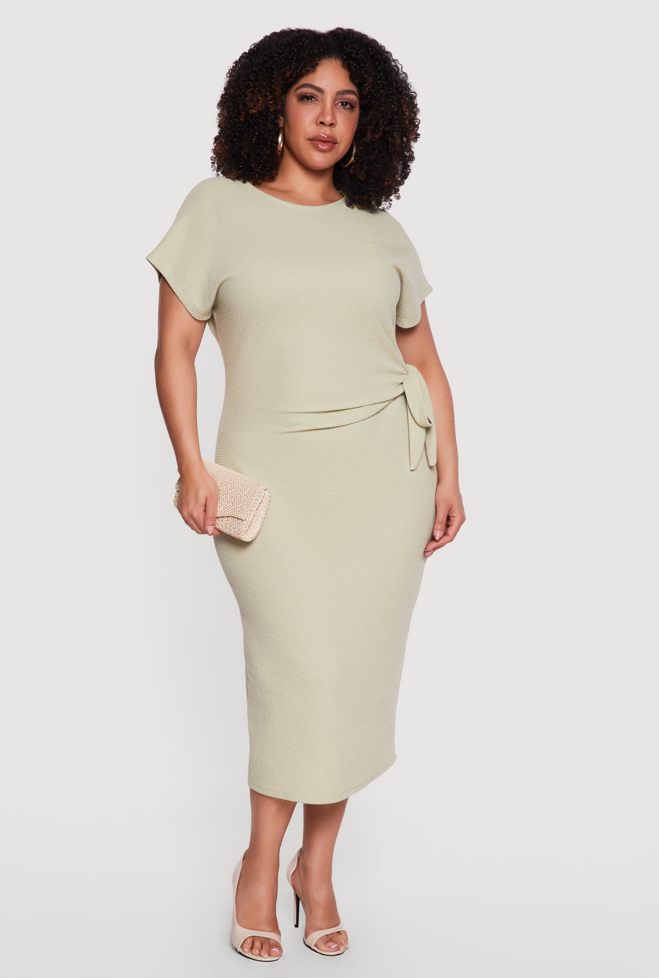 Plus Size Short Sleeve Midi Dress with Side Tie Detail