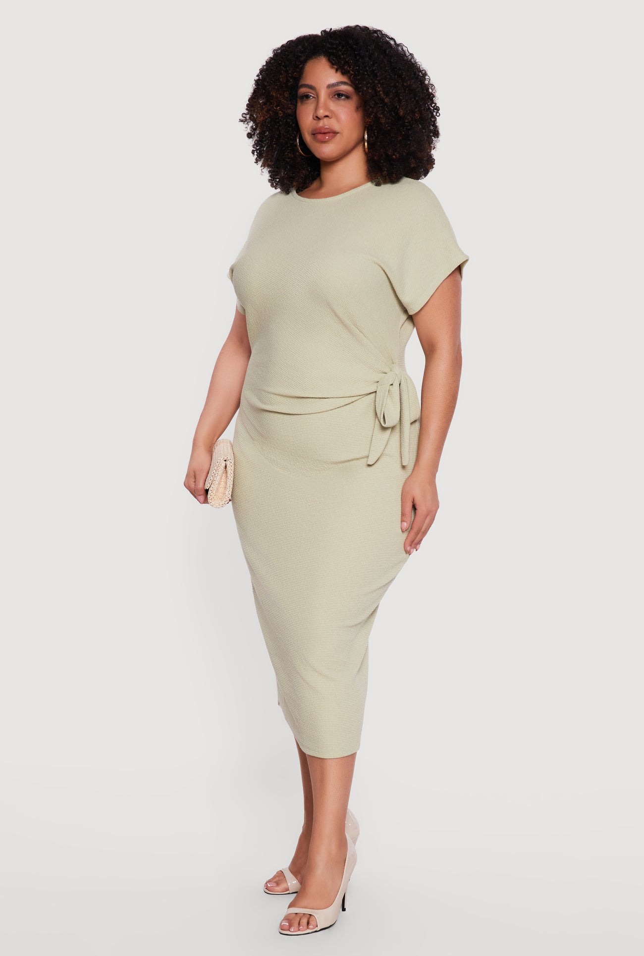 short sleeve tie waist midi dress Plus Size Short Sleeve Midi Dress with Side Tie Detail