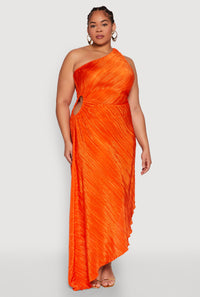 Plus Size Plisse Asymmetrical One Shoulder Dress