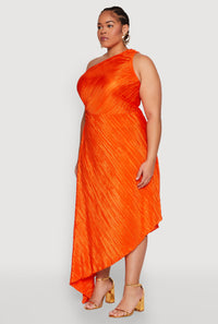Plus Size Plisse Asymmetrical One Shoulder Dress