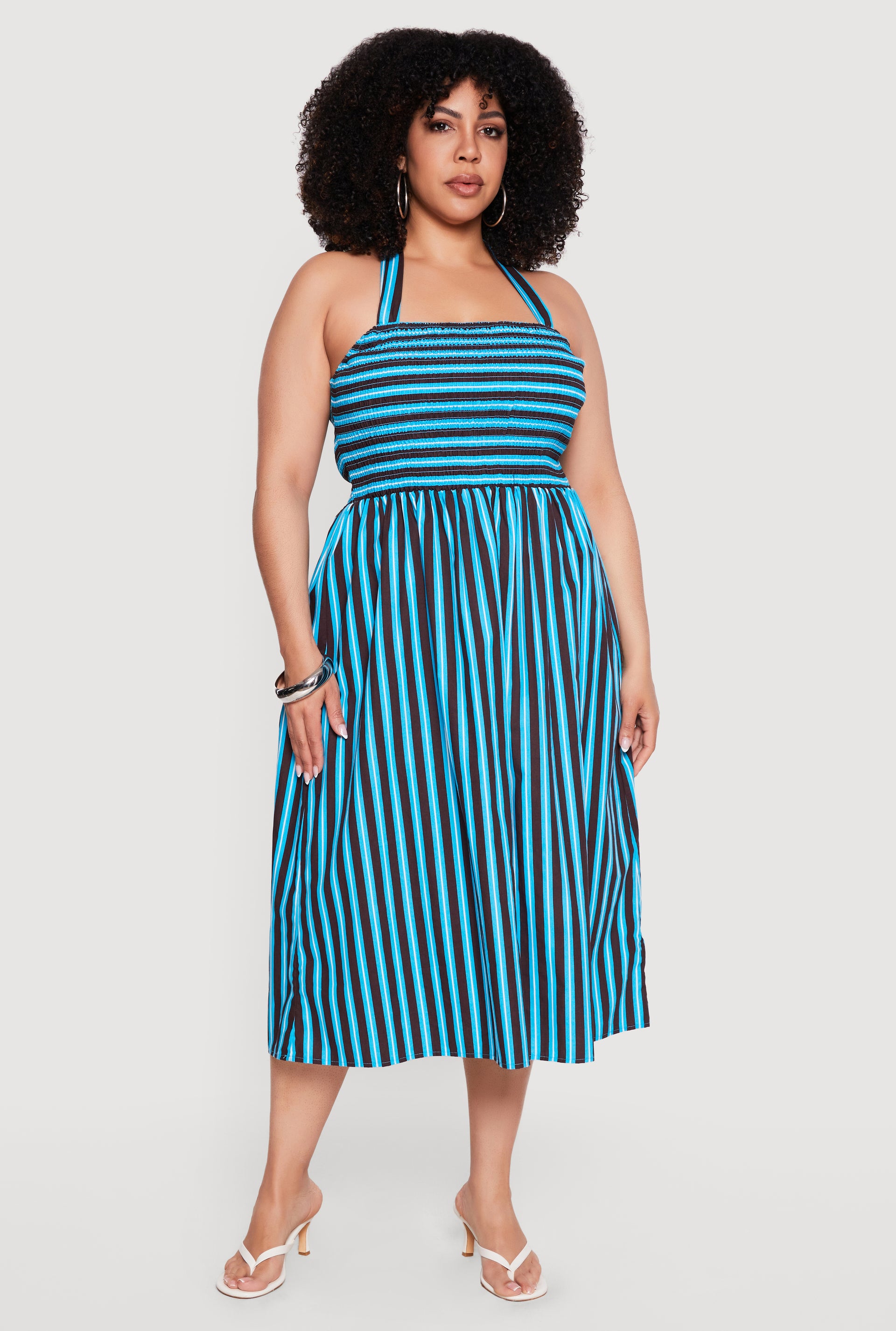 Plus Size Striped Poplin Halter Midi Dress