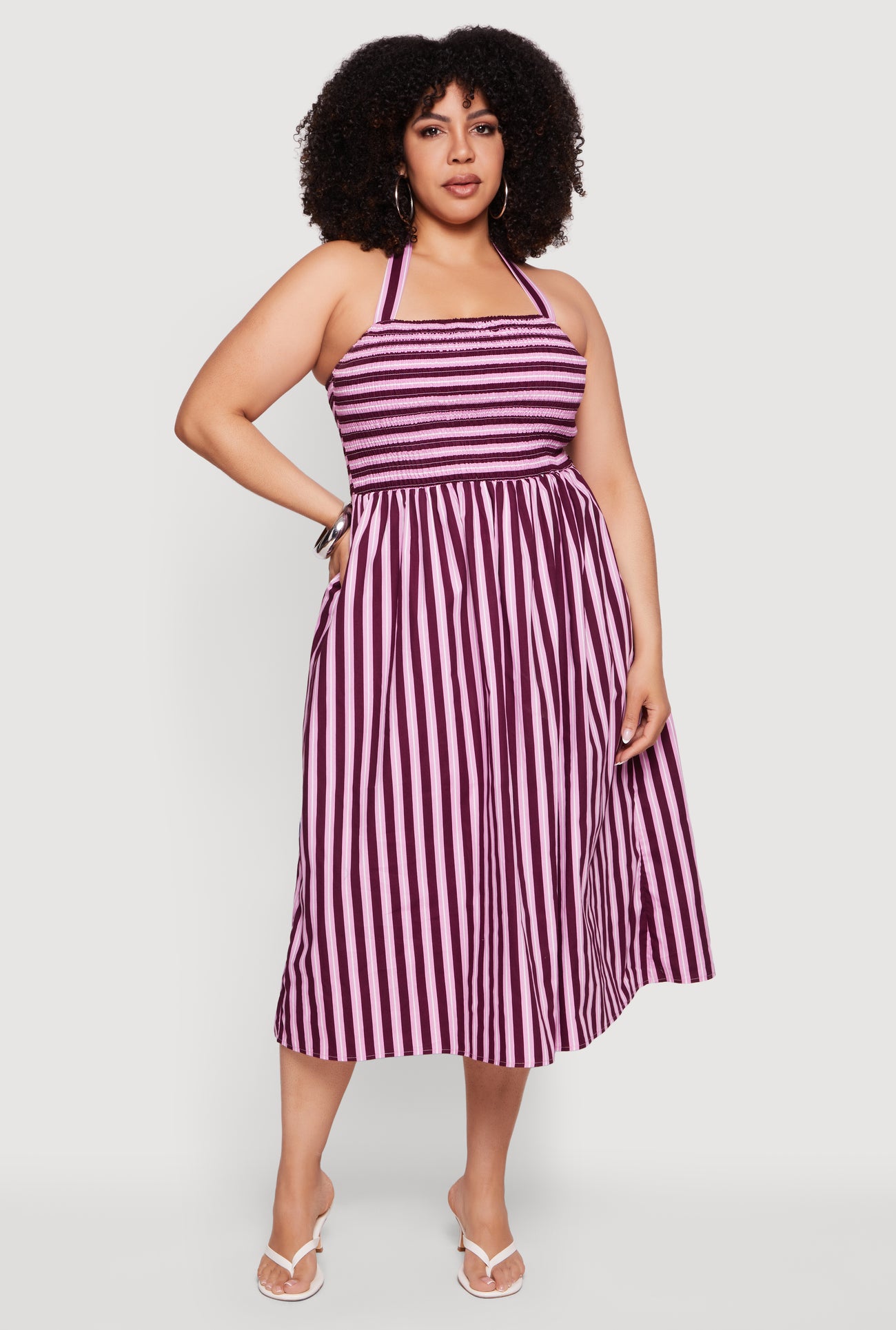 Plus Size Striped Poplin Halter Midi Dress