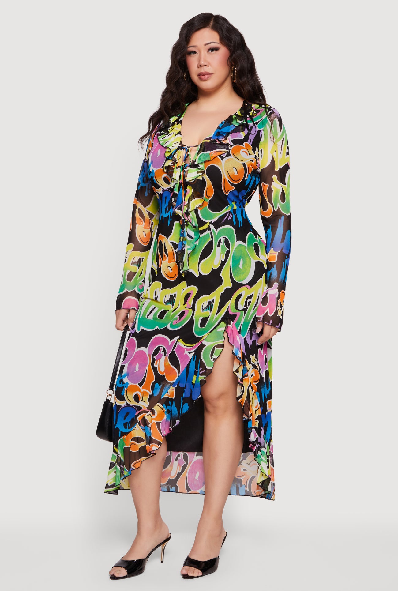 Plus Size Graffiti Ruffled Thigh Slit Maxi Dress Plus Size Graffiti Ruffled Thigh Slit Maxi Dress
