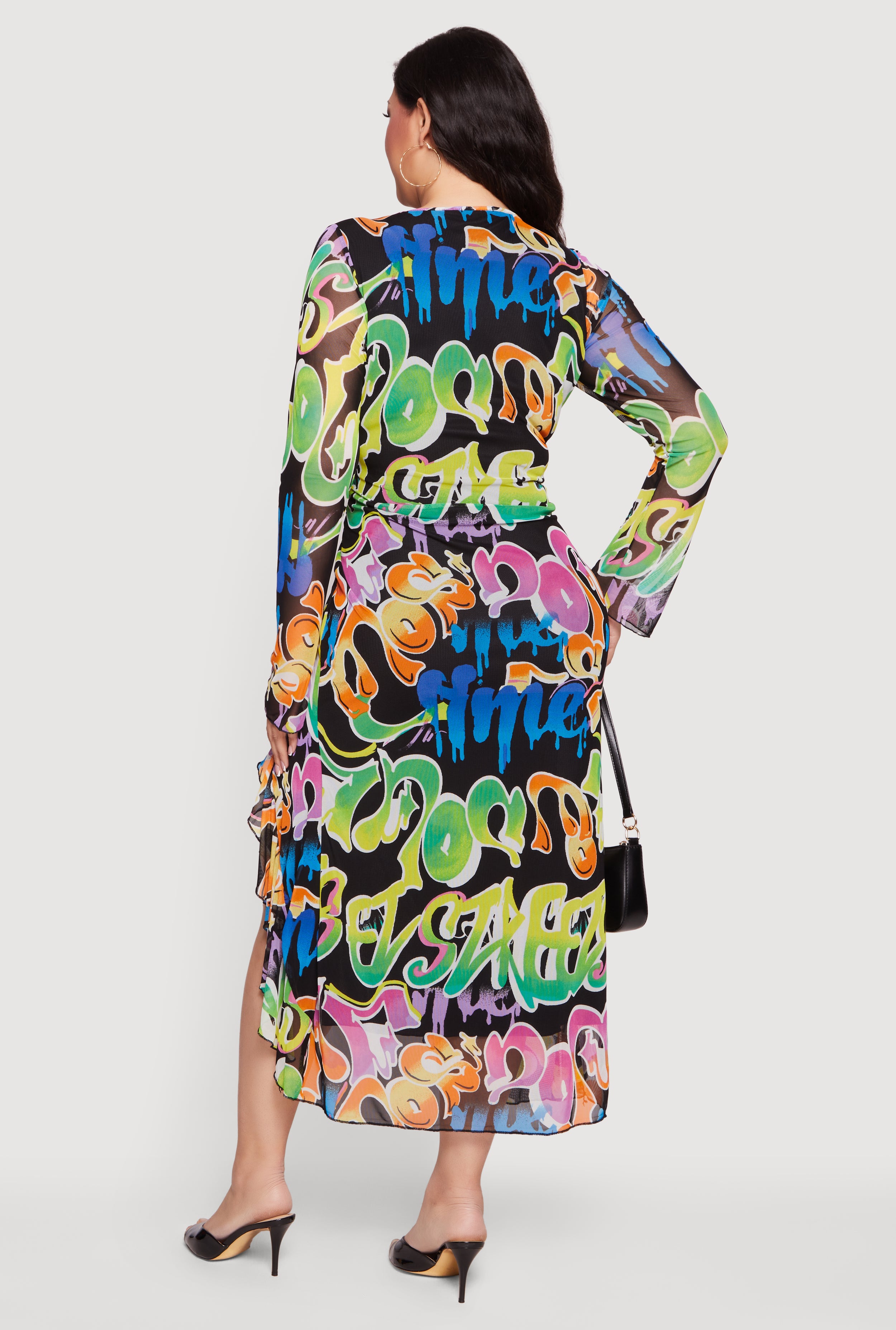 Plus Size Graffiti Ruffled Thigh Slit Maxi Dress